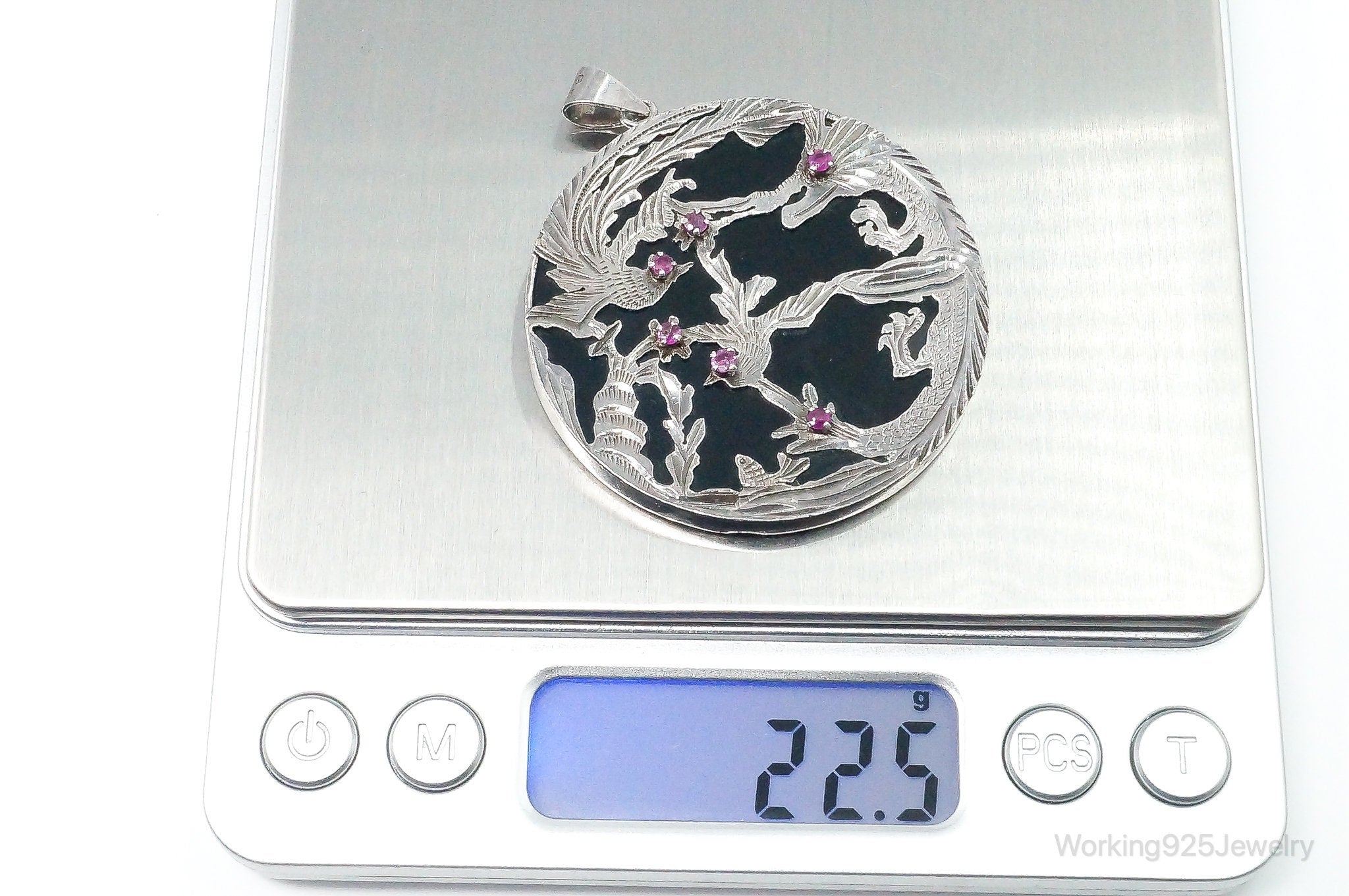 Vintage Large Ruby Black Onyx Etched Birds In Nature Sterling Silver Pendant