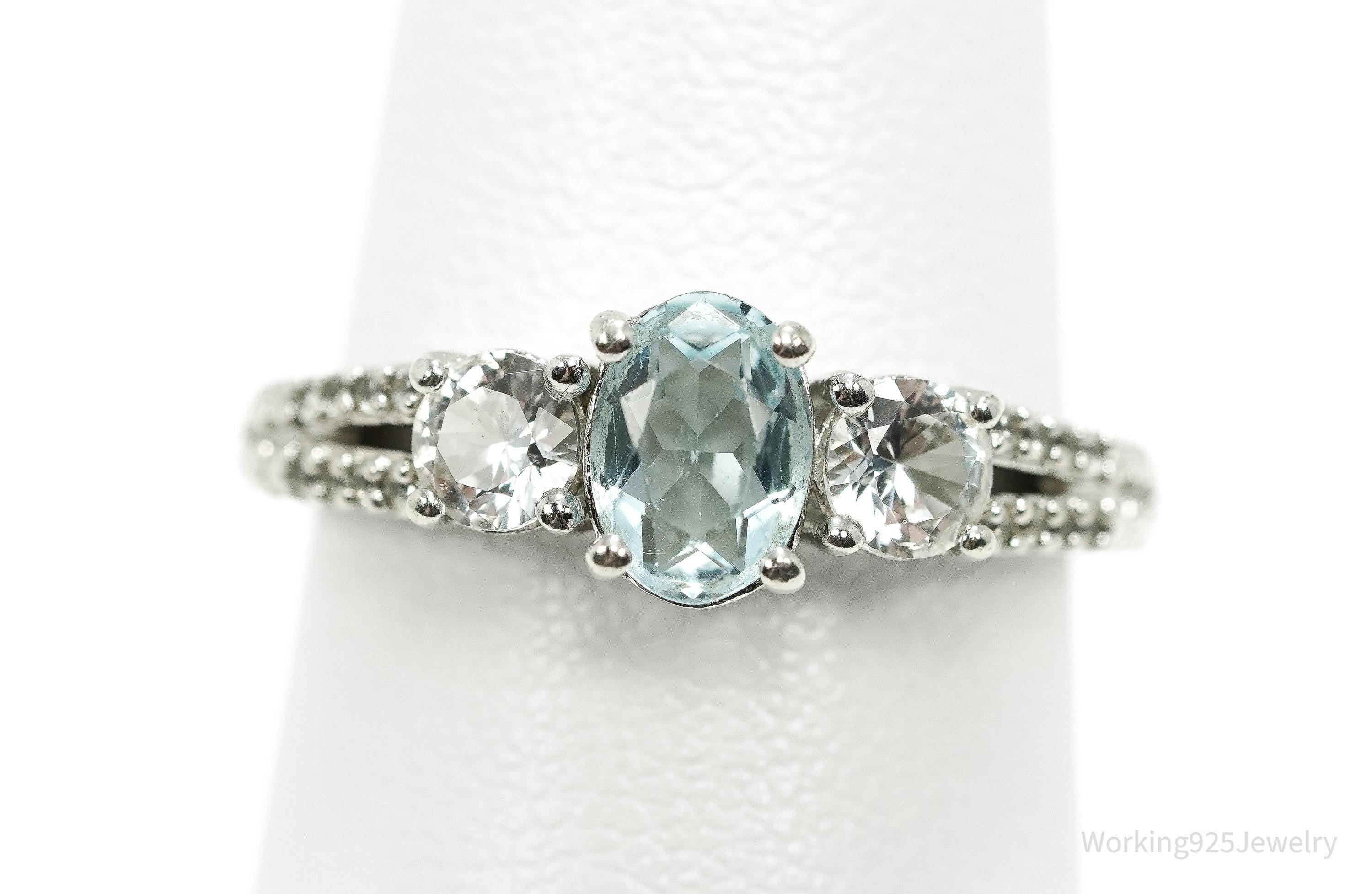 Vintage Blue Topaz & Cubic Zirconia Sterling Silver Ring - Size 7