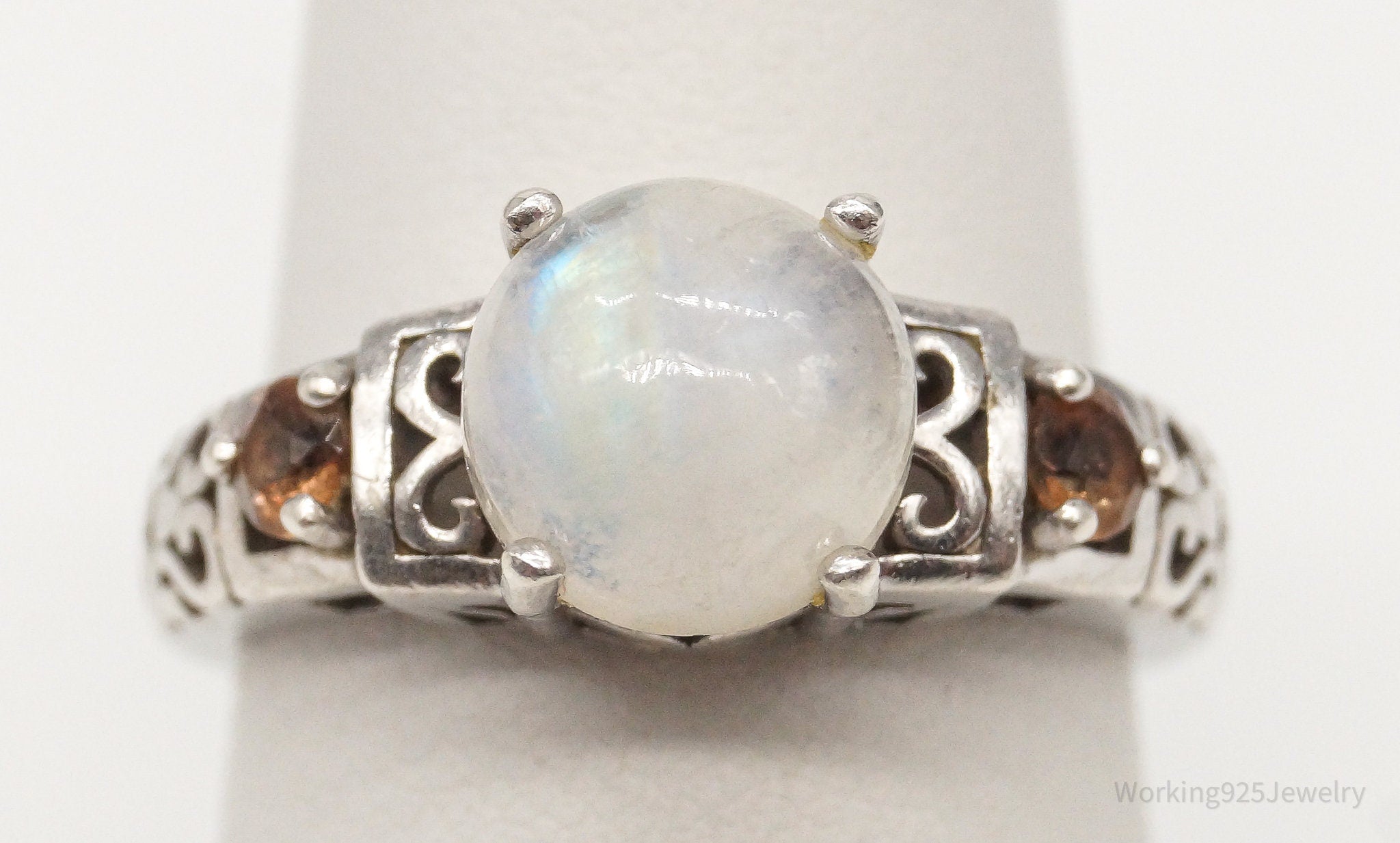 Vintage Moonstone Smoky Topaz Sterling Silver Ring - Size 6.75