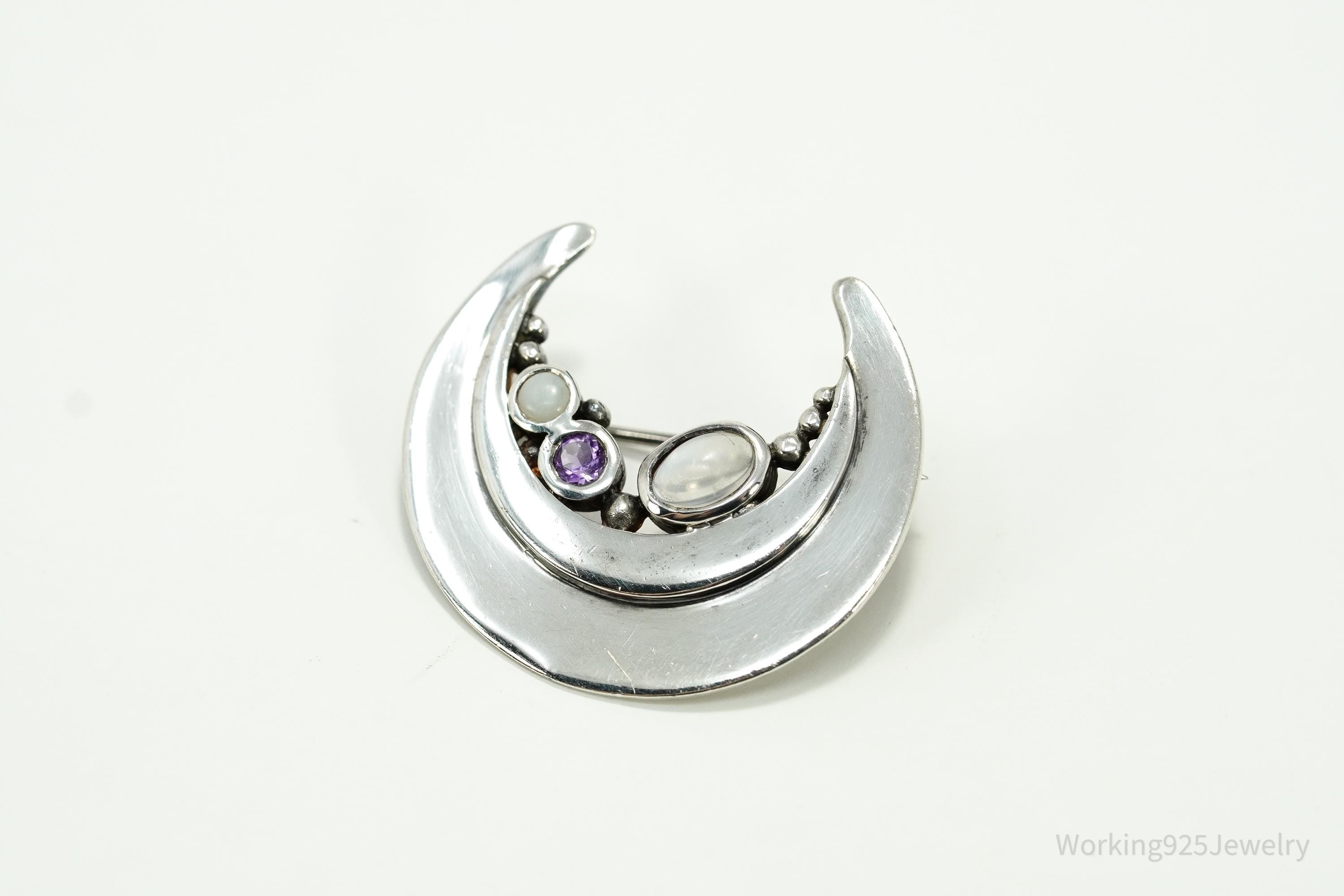 Vintage Amethyst & Moonstone Moon Sterling Silver Brooch Pin