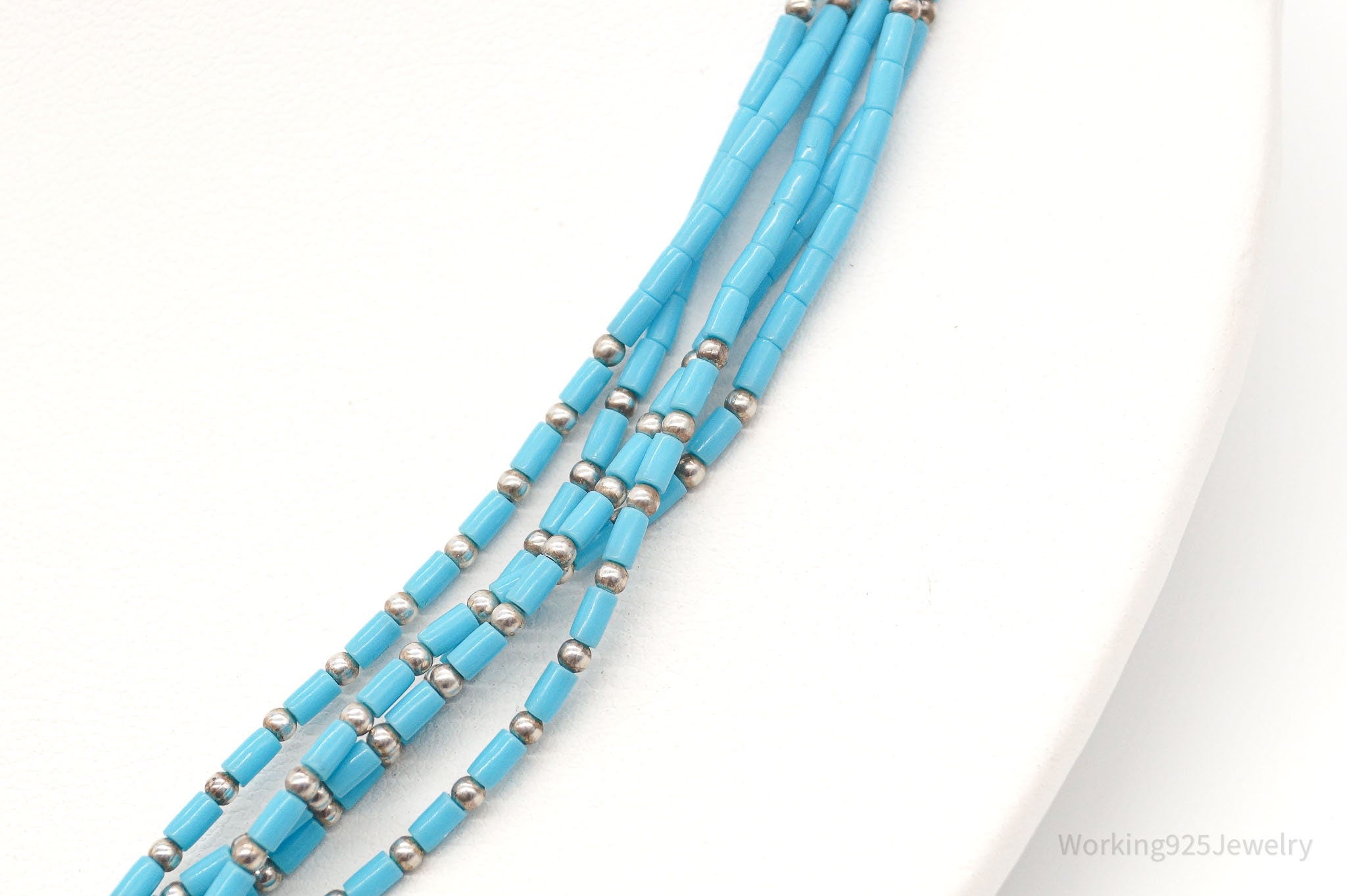 Vintage Native American Blue Turquoise Bead Sterling Silver Necklace