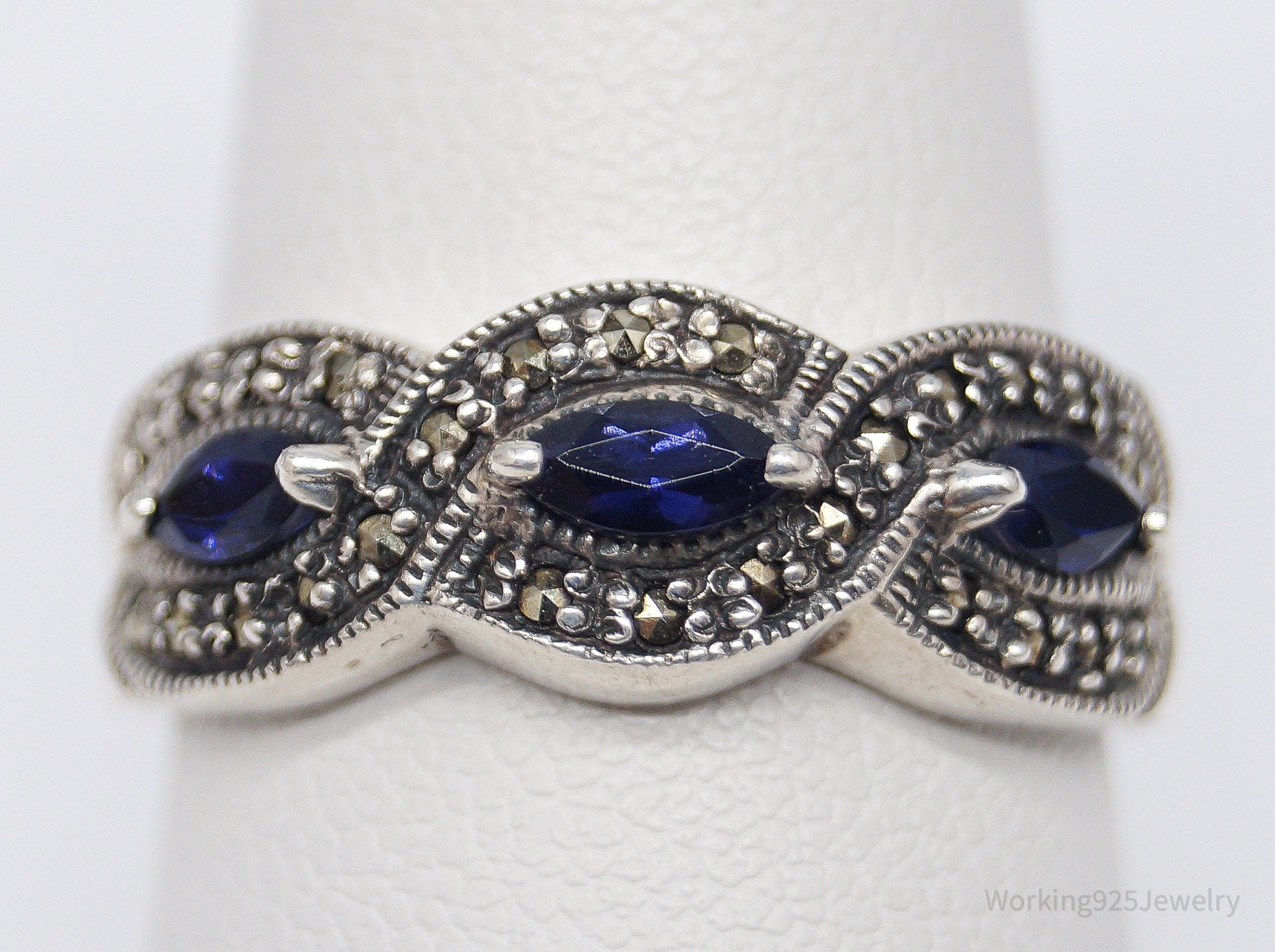 Vintage CNA Iolite & Marcasite Sterling Silver Ring - Size 8