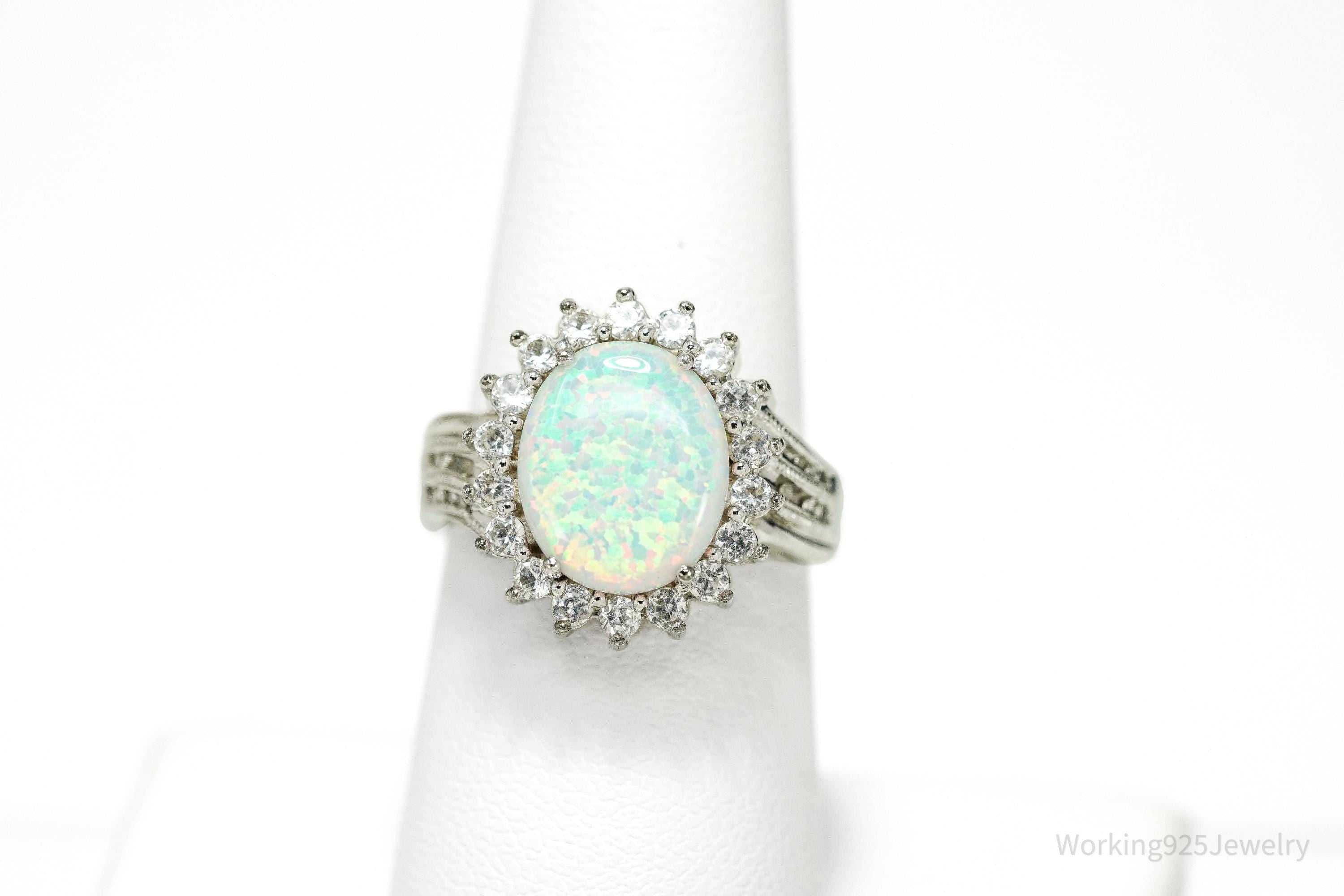 Vintage JWBR Opal, Diamond, & White Topaz Sterling Silver Ring - Size 7