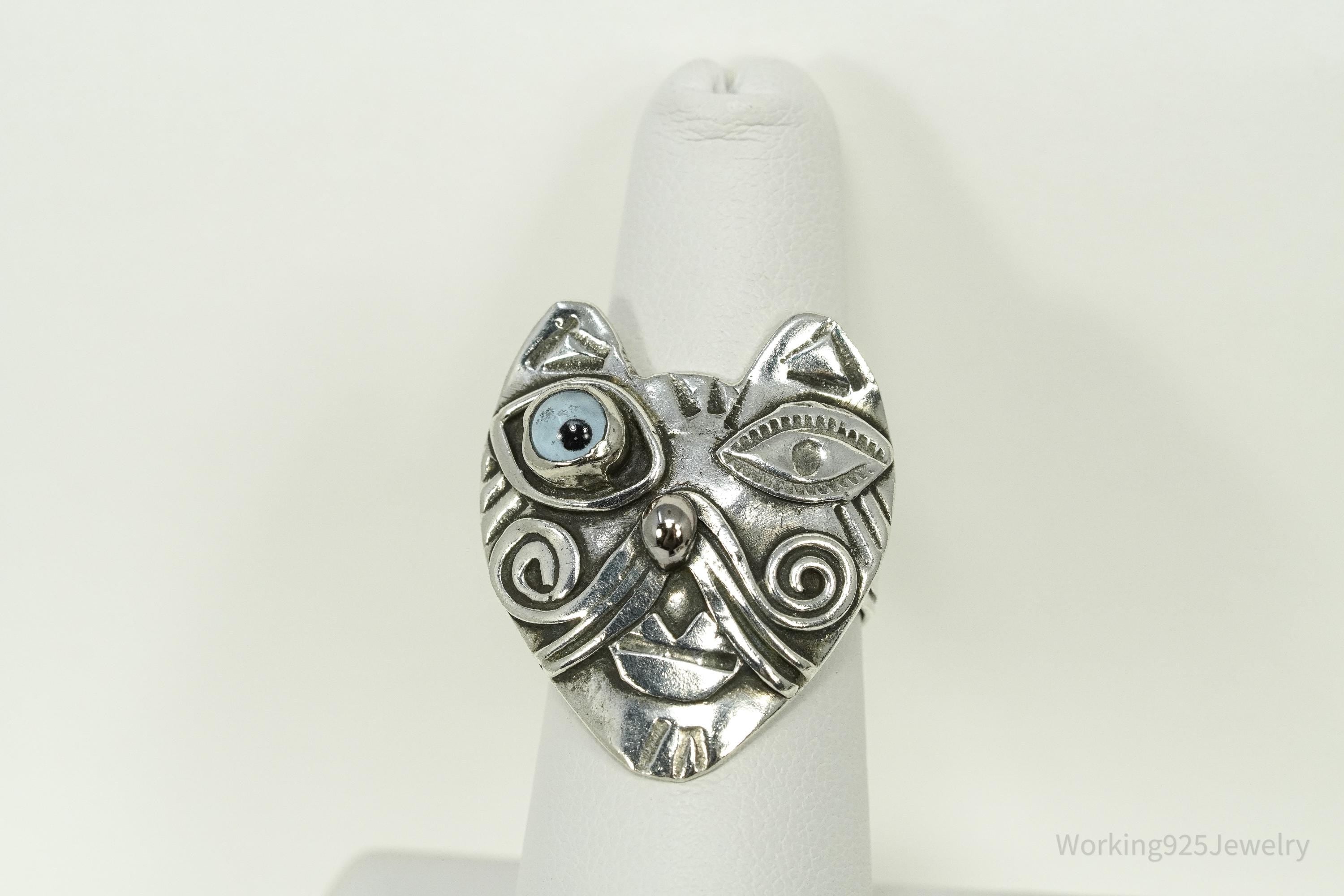 Vintage Large Cat Face With Evil Eye Motif Silver Ring - Size 7.5