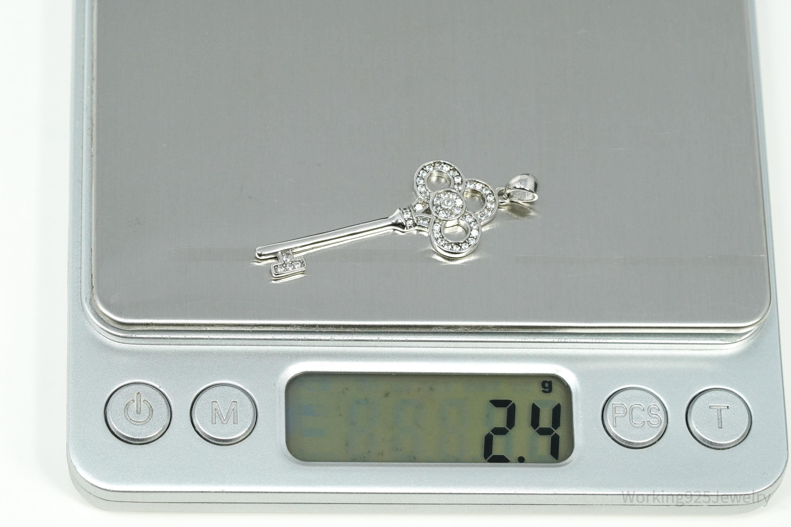Vintage Cubic Zirconia Sterling Silver Key Pendant 1 11/16"
