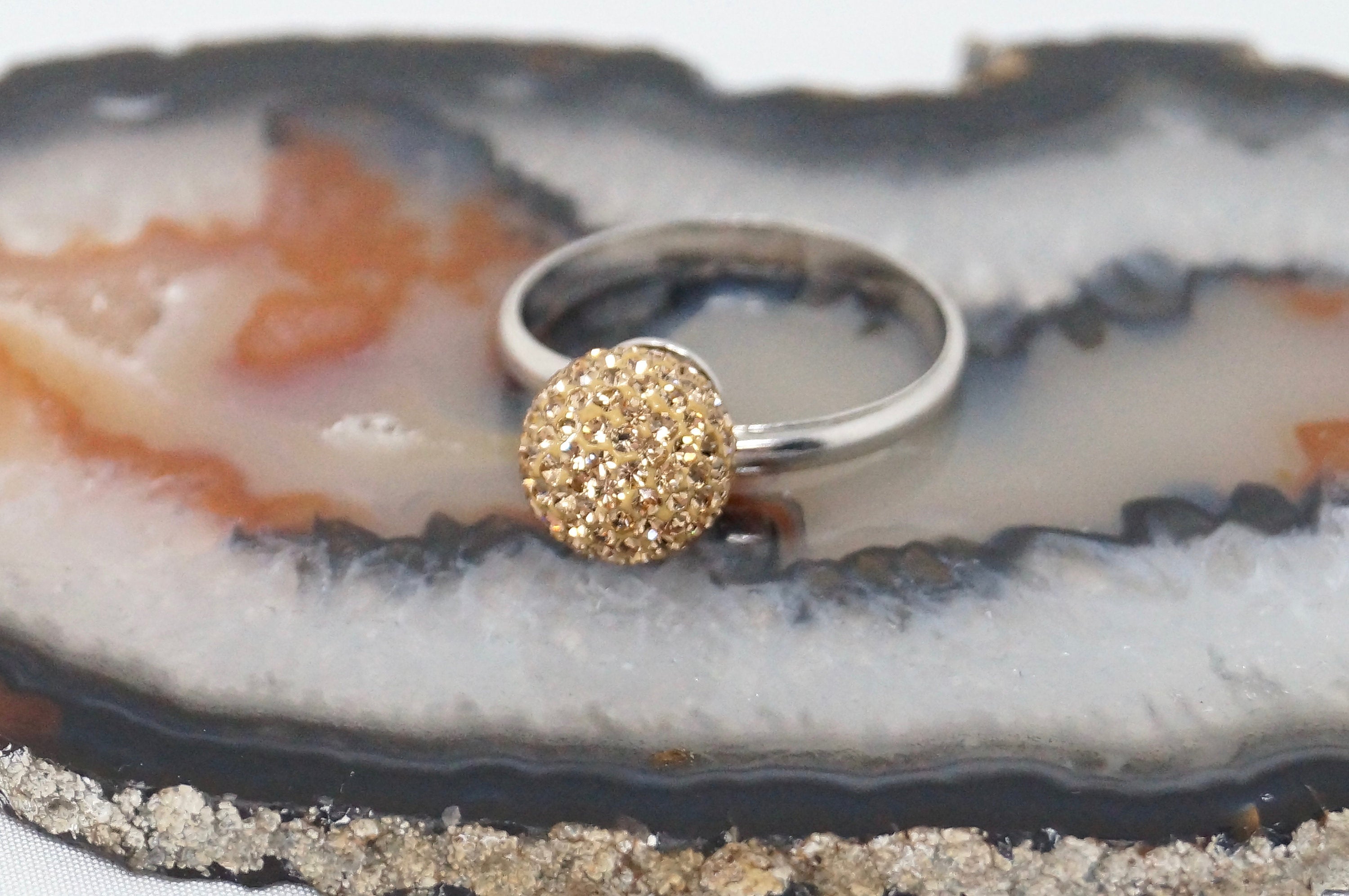 Vintage Art Deco Orange Citrine Ball Dome Sterling Adjustable Ring - Size 9.25