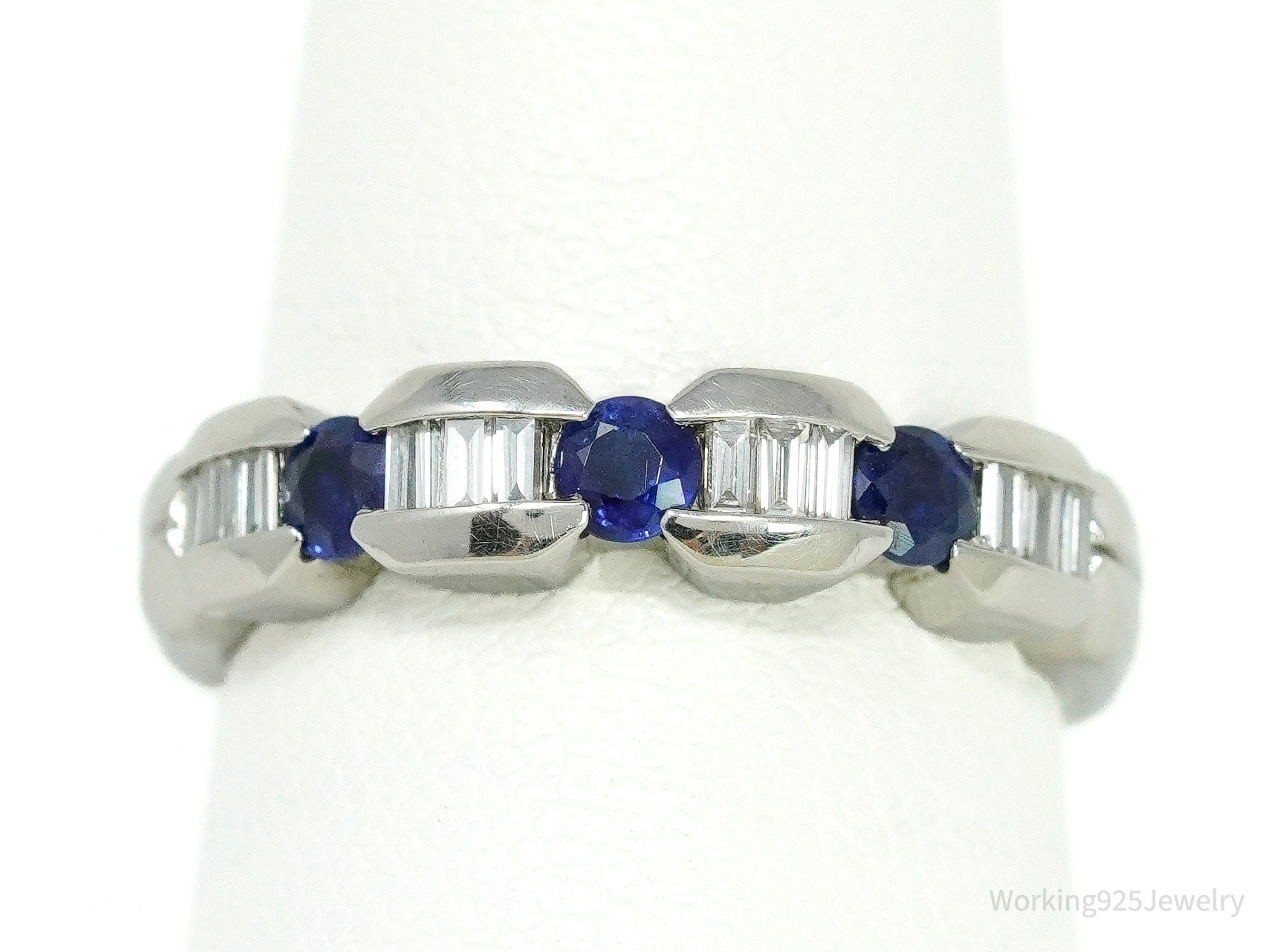 Platinum and Mixed Cut Sapphire and Diamond Prong Set Ring - Size 7.25