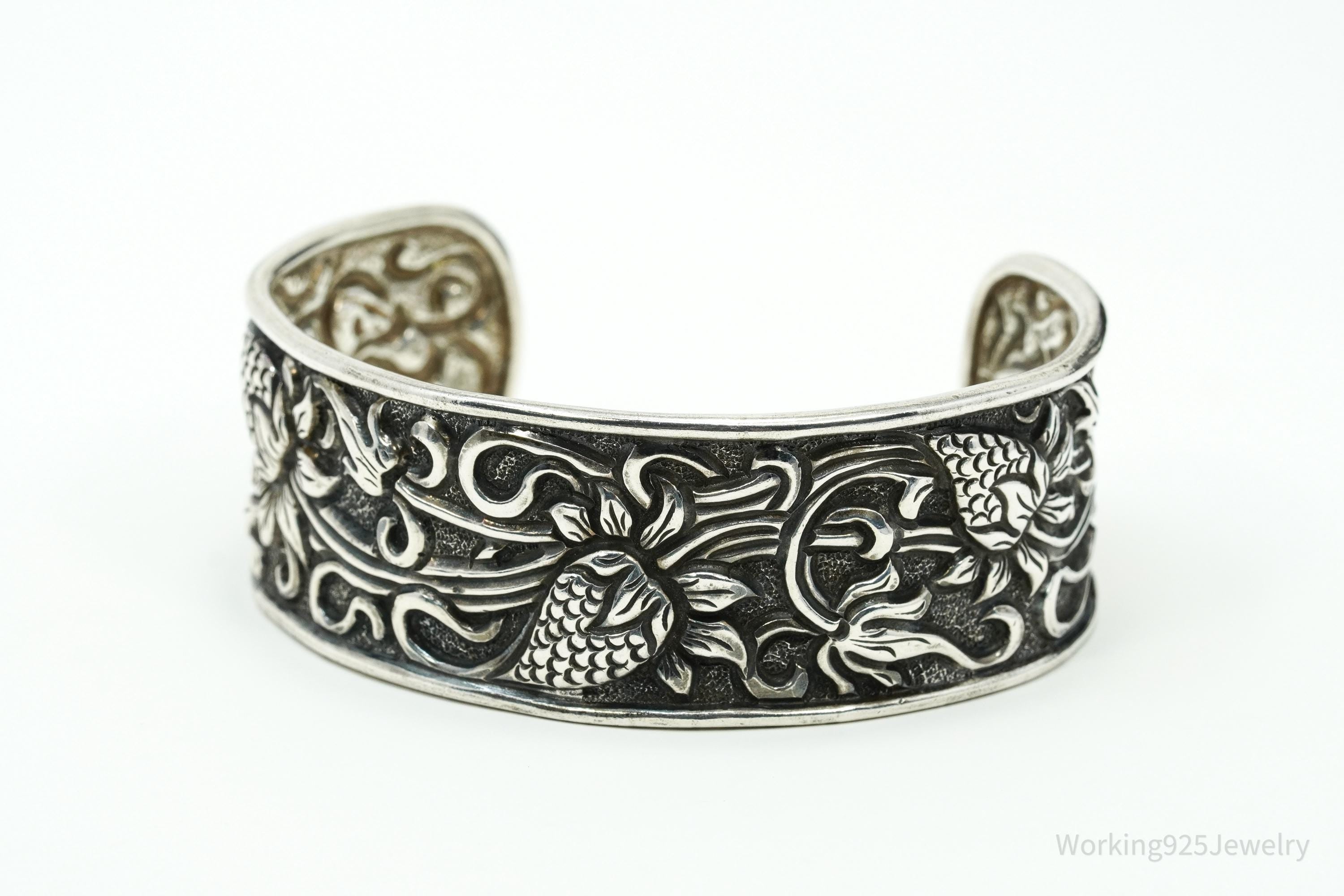 Vintage TIKA Strawberry Floral Pattern Repousse Sterling Silver Cuff Bracelet 7 5/8"