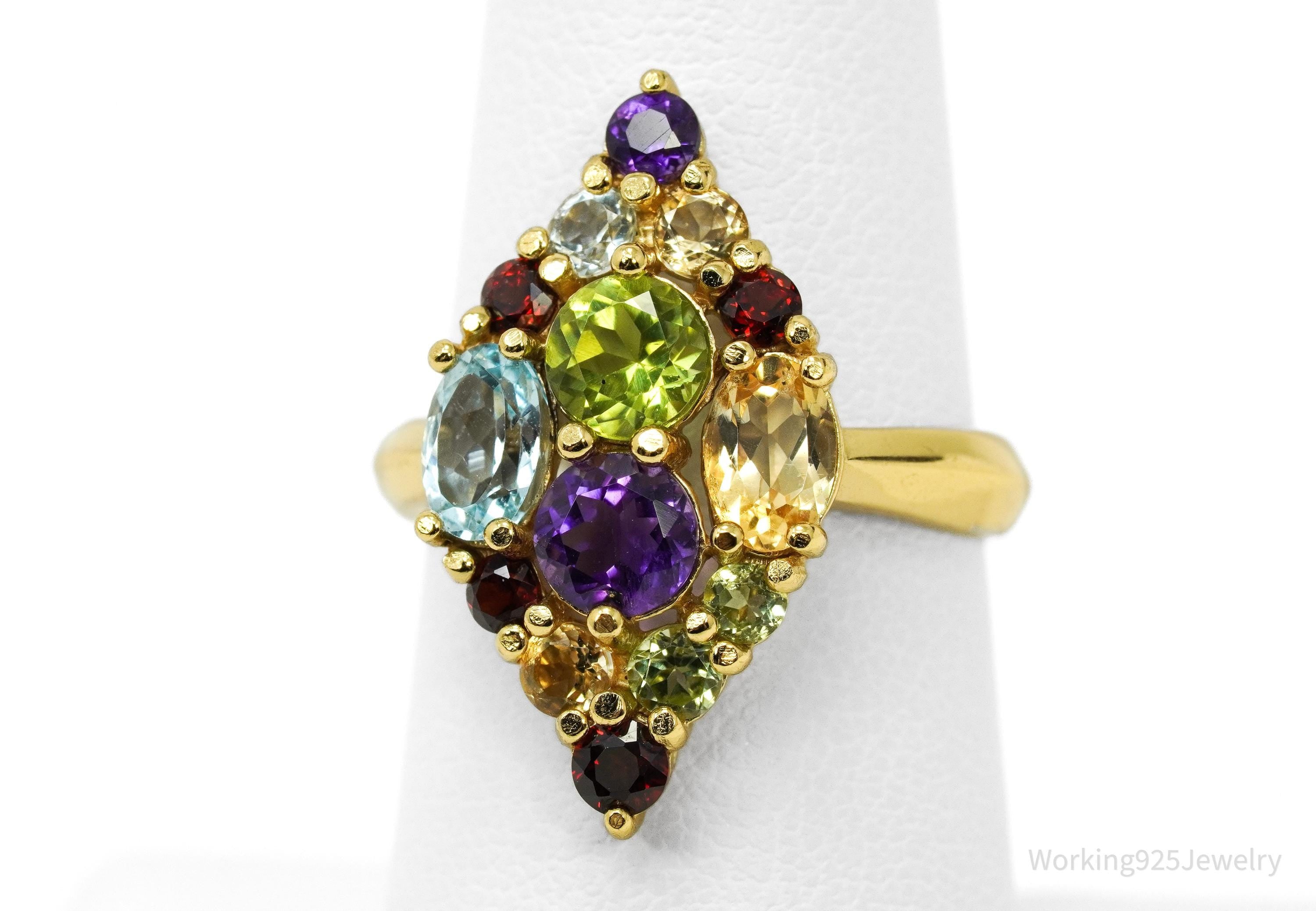 Designer PAJ Multi Gem Gold Vermeil Sterling Silver Ring - Size 7