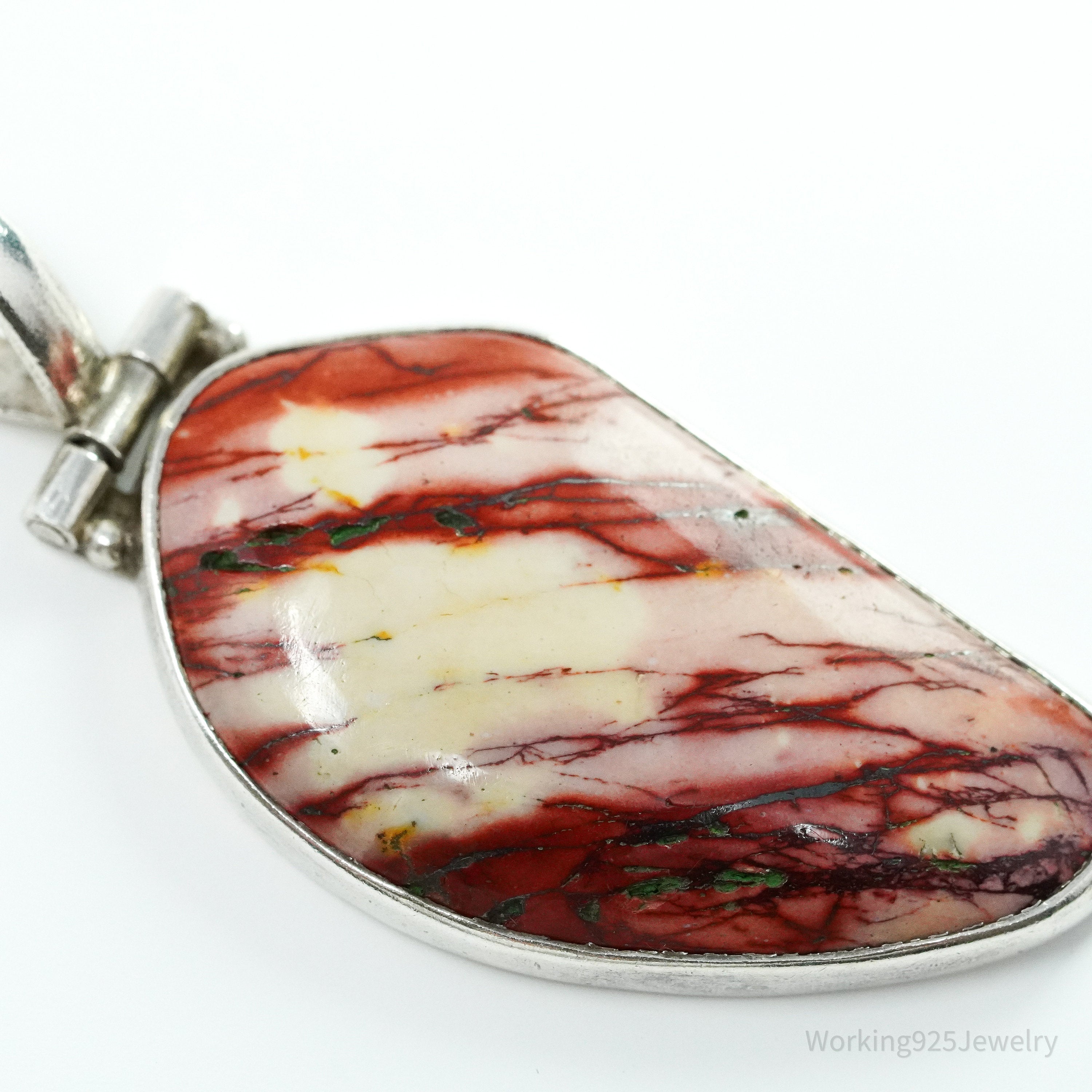 Vintage Large Red Snakeskin Jasper Sterling Silver Necklace Pendant