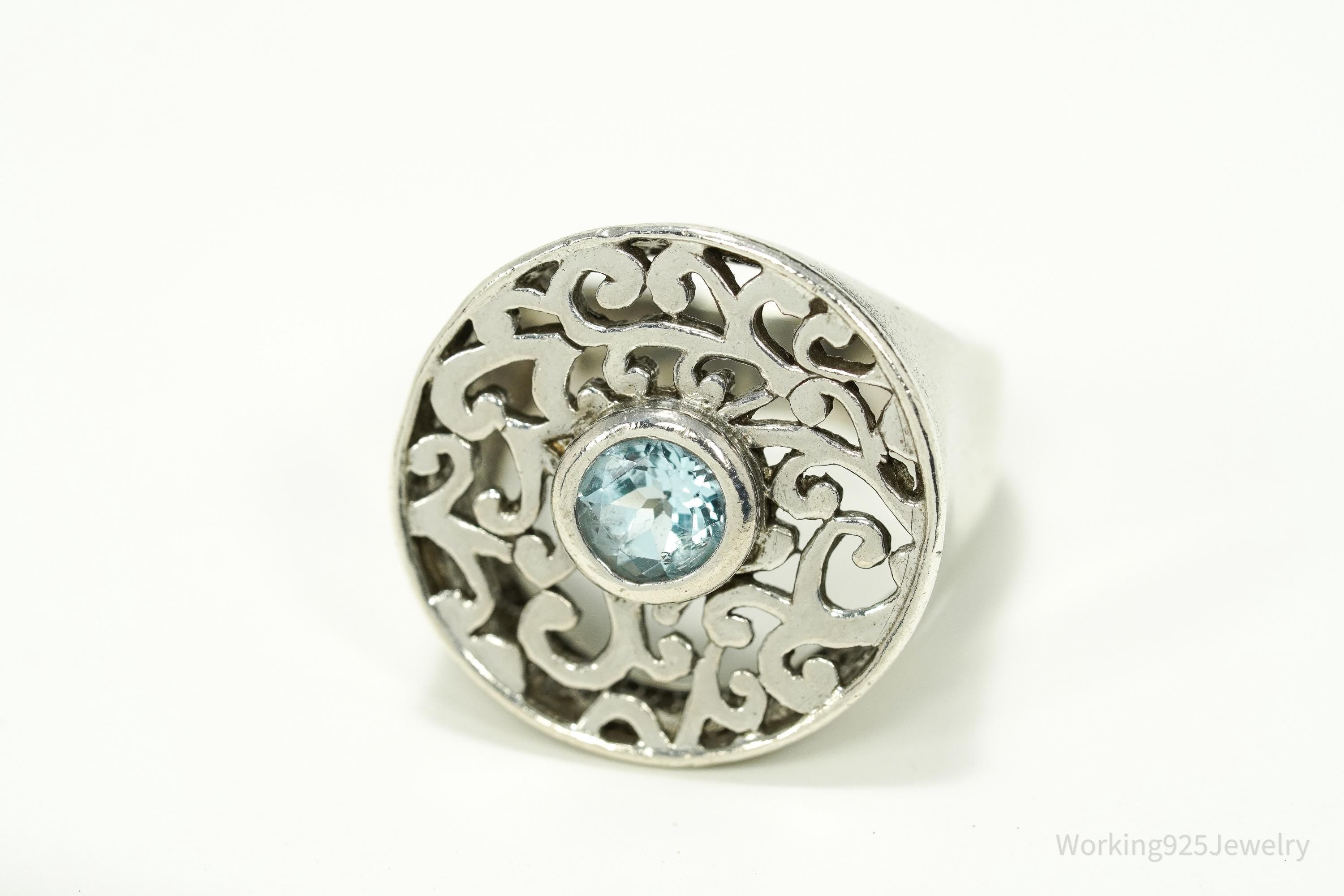 Vintage Blue Topaz Filigree Sterling Silver Ring - Size 7