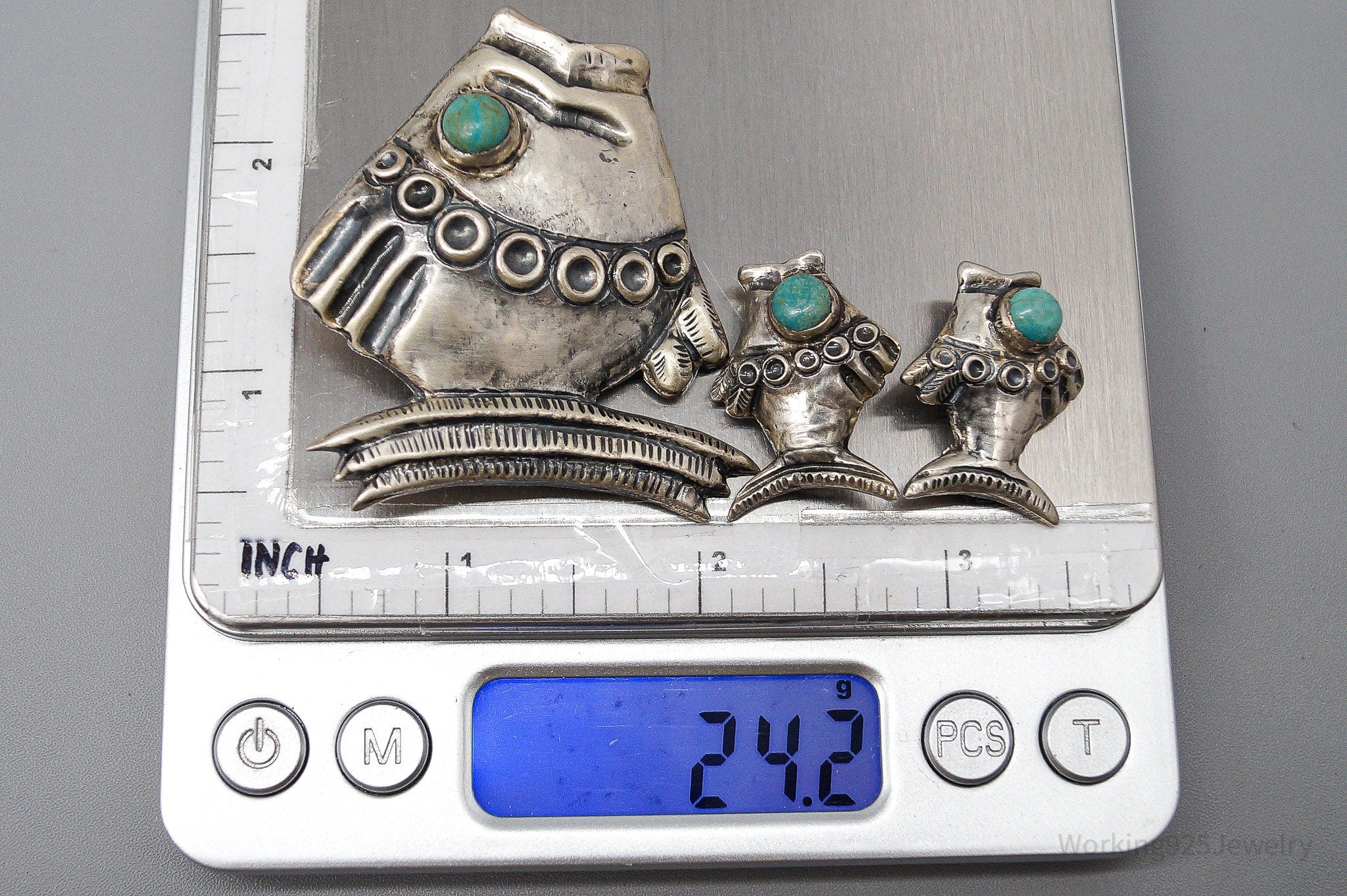 RARE Vintage Mexico Modernist Fish Turquoise Sterling Silver Brooch Pin & Earrings Set