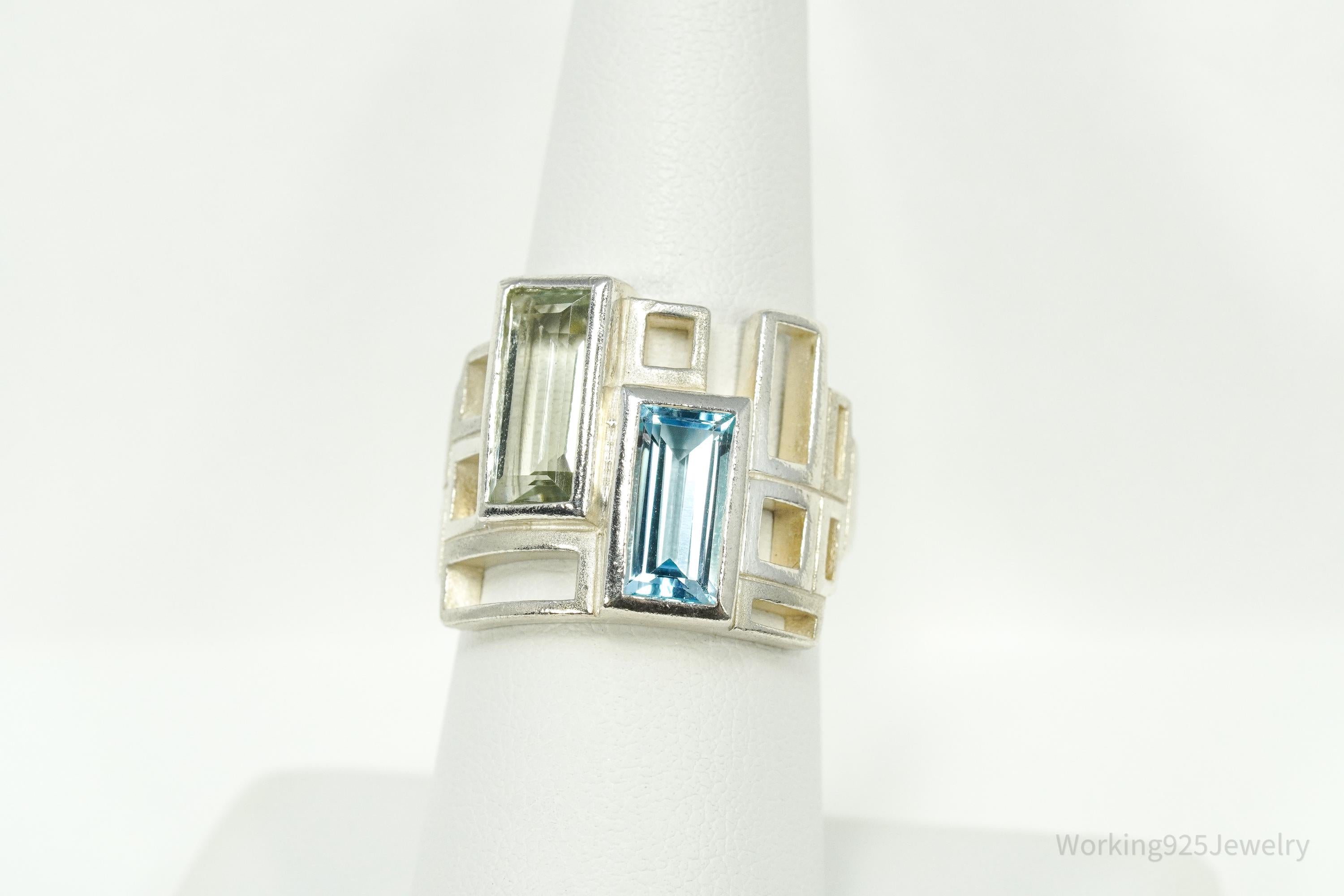 Vintage Green Amethyst & Blue Topaz Modernist Style Sterling Silver Irish Ring - Size 7.25