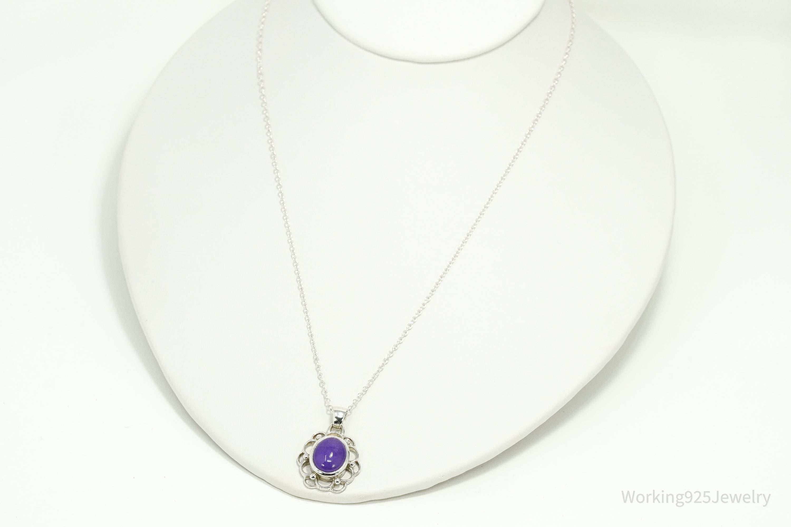 Vintage Purple Jade Sterling Silver Necklace 24"