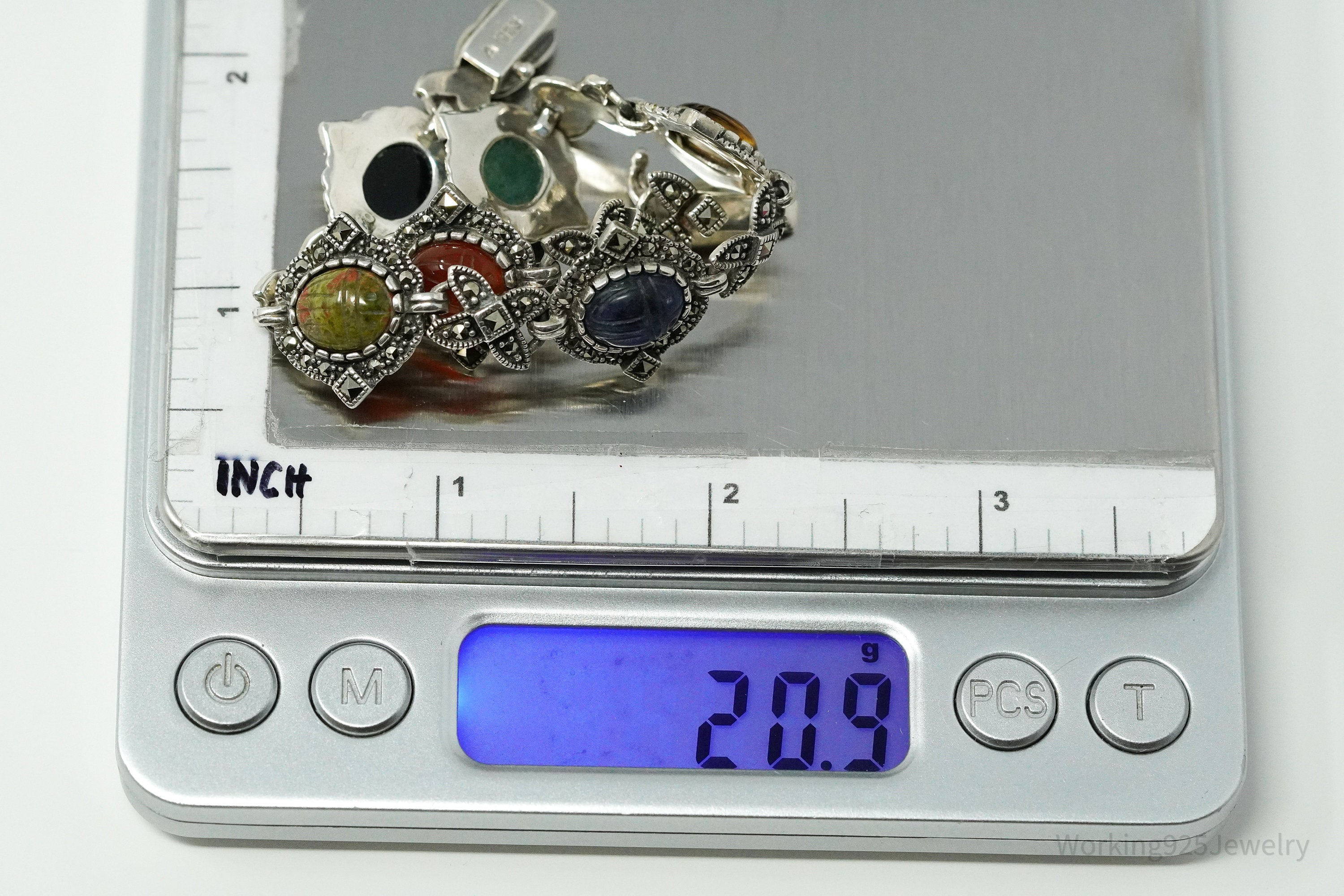 Vintage Carved Scarab Multiple Gemstone Sterling Silver Bracelet 7.5"