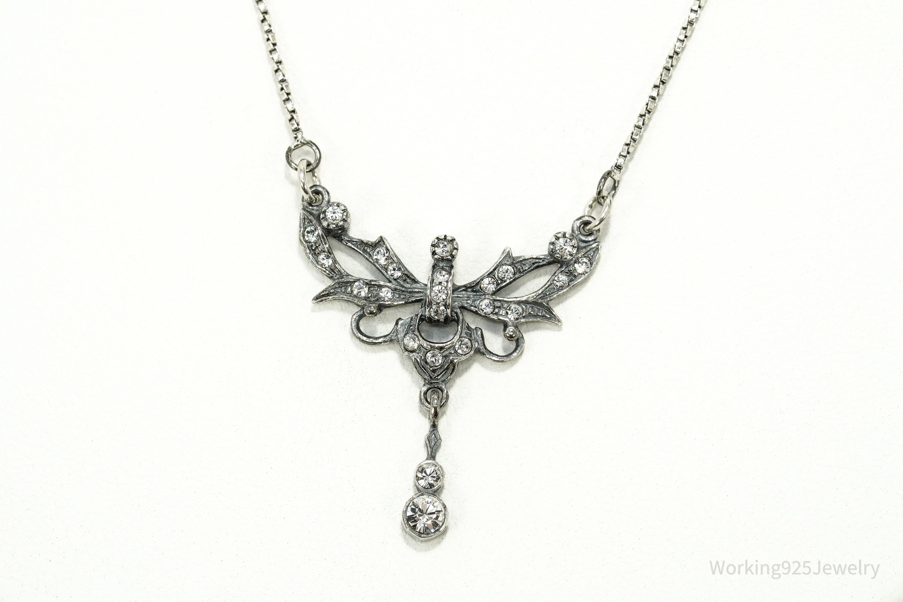 Vintage Art Nouveau Style Crystal Sterling Silver Necklace 15"