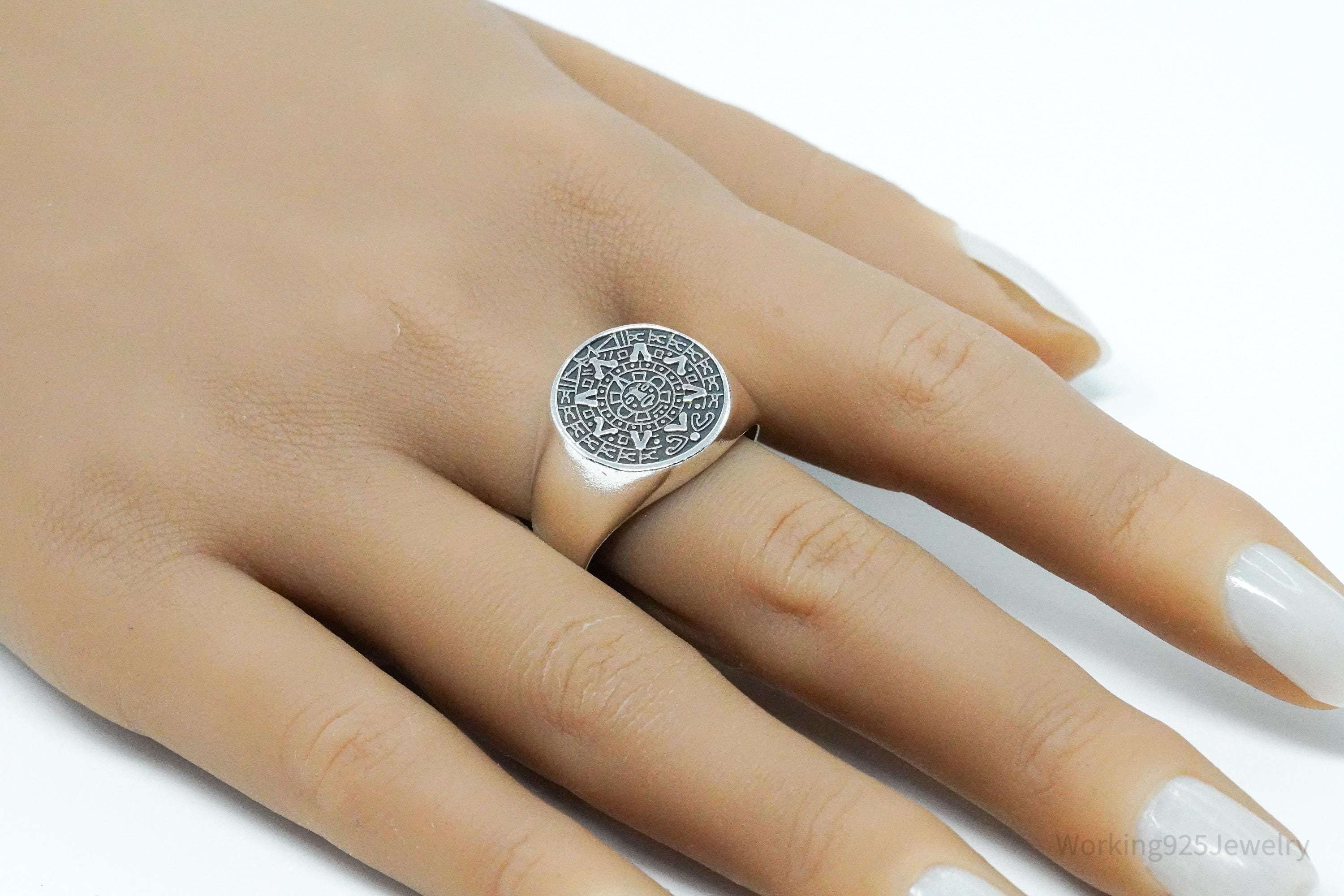 Vintage Aztec Mayan Sun Calendar Sterling Silver Ring Size 11.5