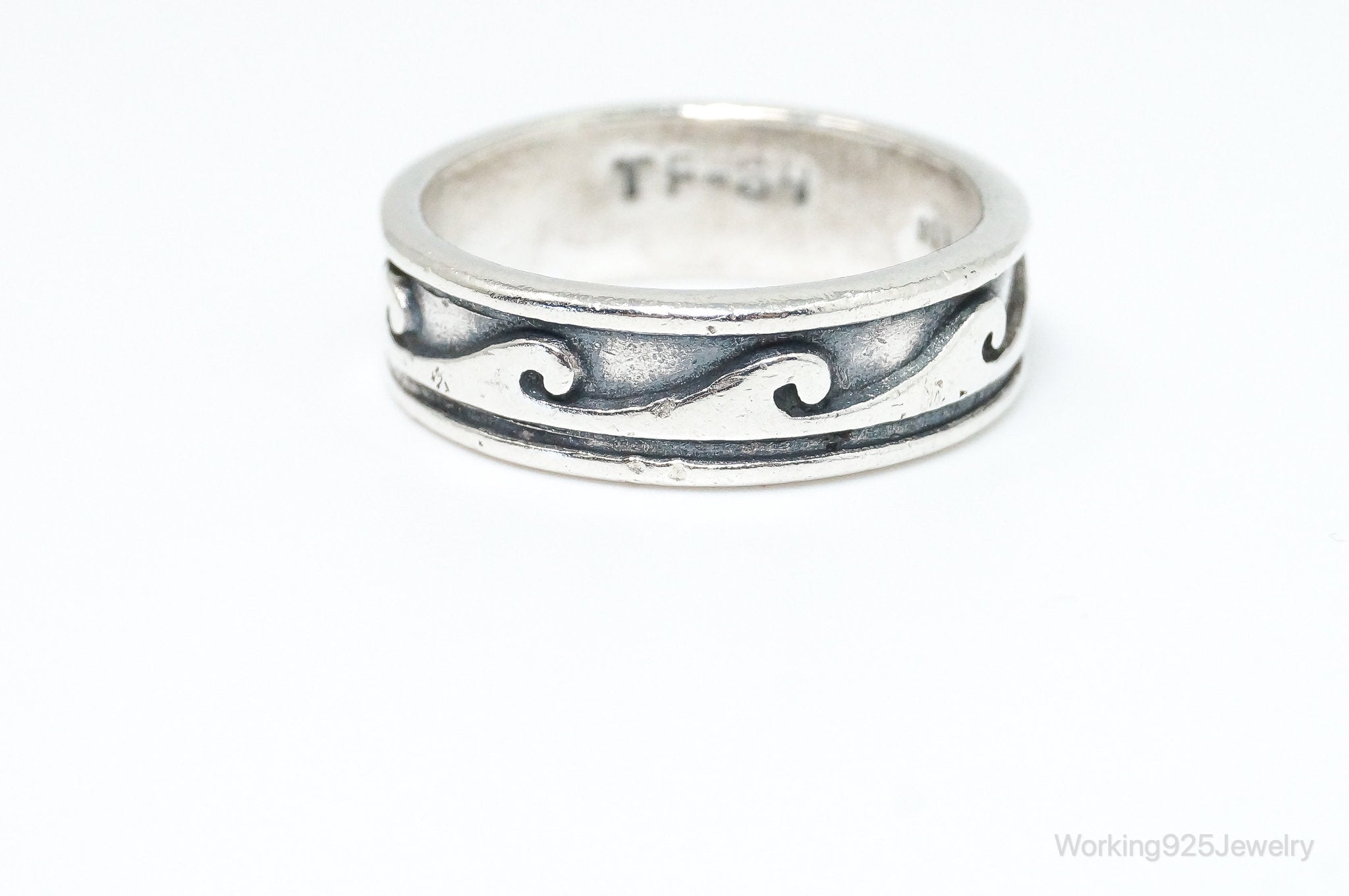 Vintage Mexico Wave Scroll Oxidized Design Sterling Silver Band Ring - Size 8