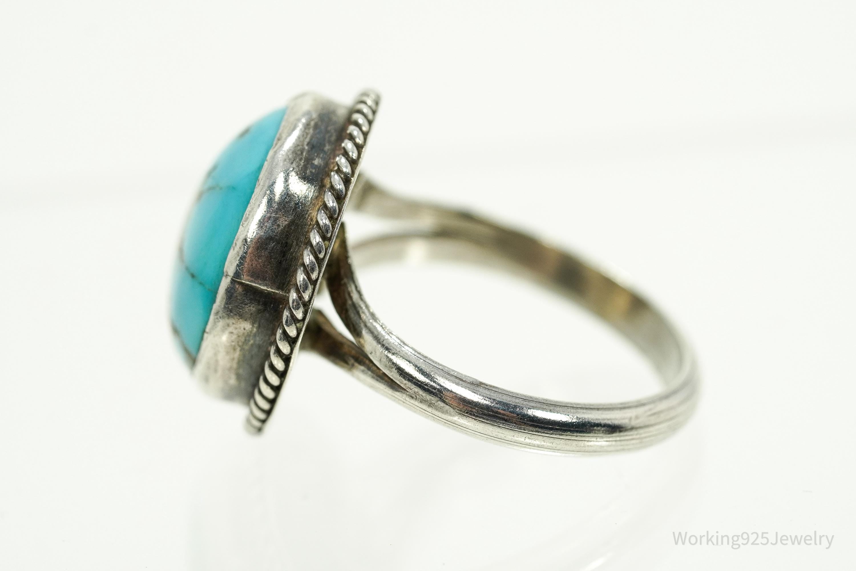 Vintage Handmade Native American Turquoise Unsigned Silver Ring - Size 10.25