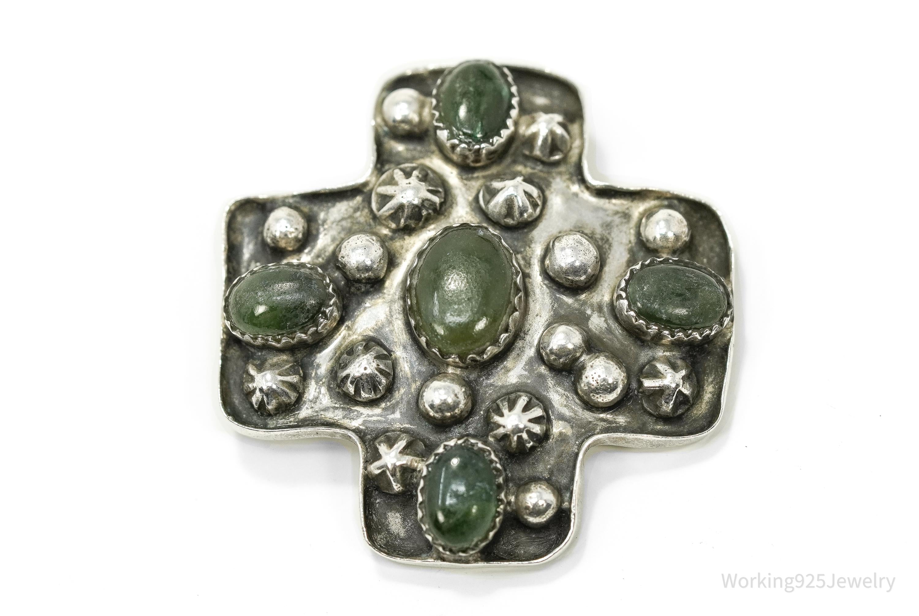 Native American Style Cross With Green Stones Sterling Silver Pin