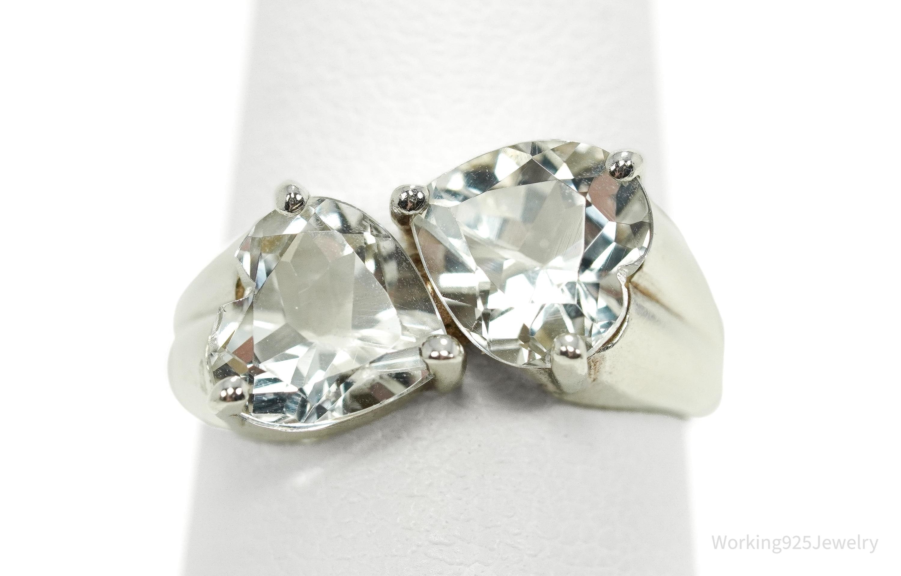 Vintage White Topaz Linked Hearts Sterling Silver Ring - Size 6