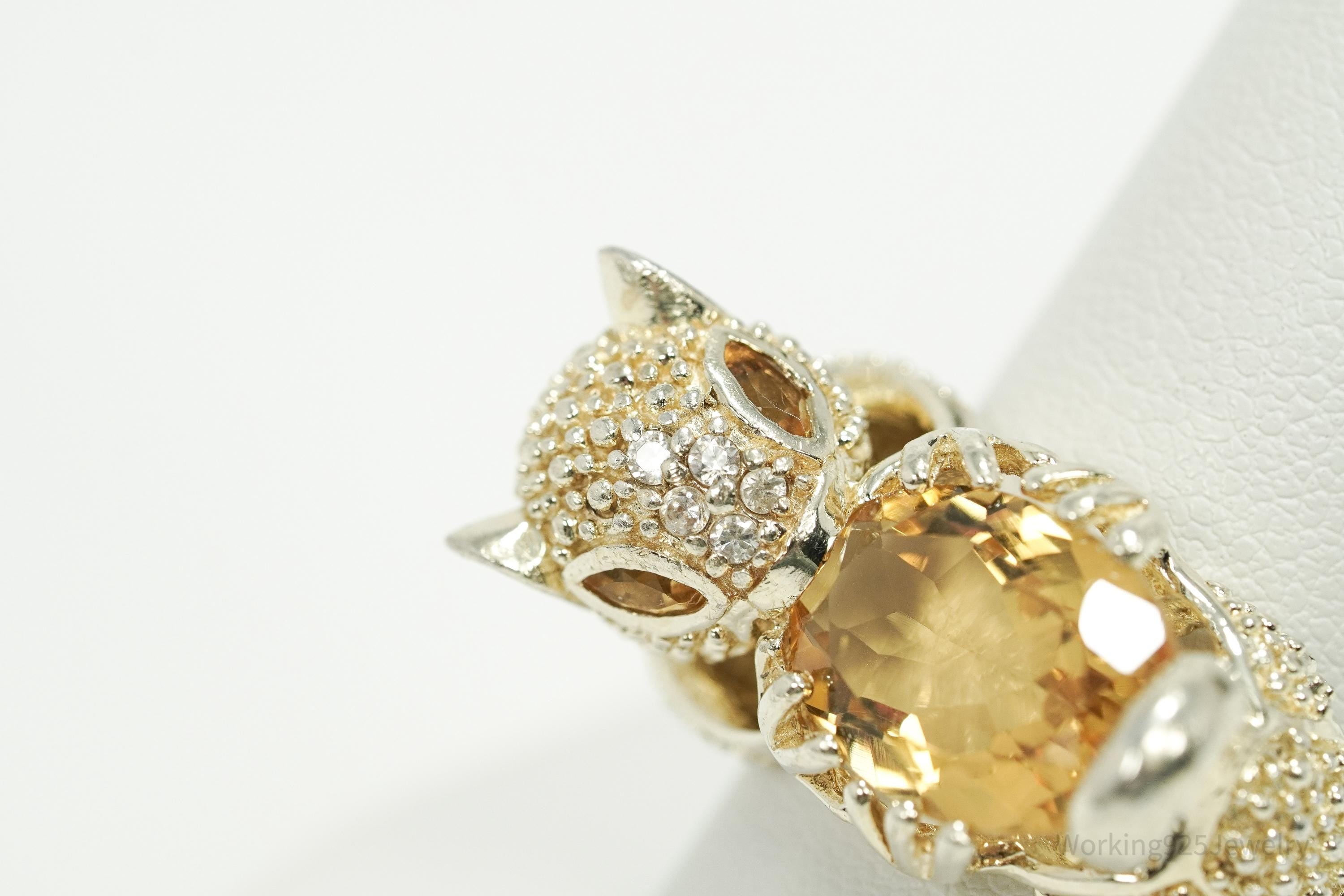 Vintage Citrine & Cubic Zirconia Gold Vermeil Sterling Silver Animal Ring - Size 10