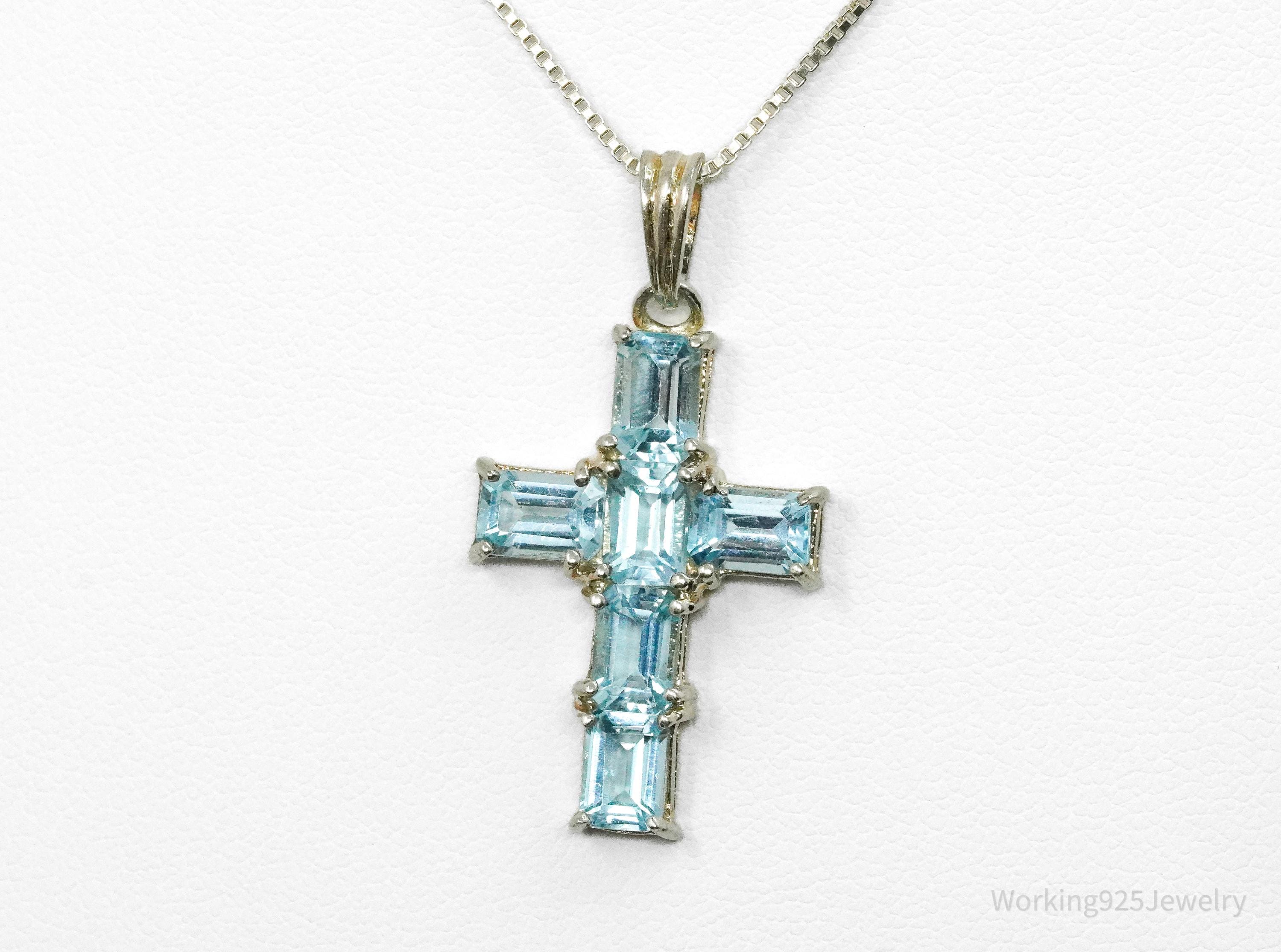 Vintage Blue Topaz Cross Sterling Silver Necklace 18"