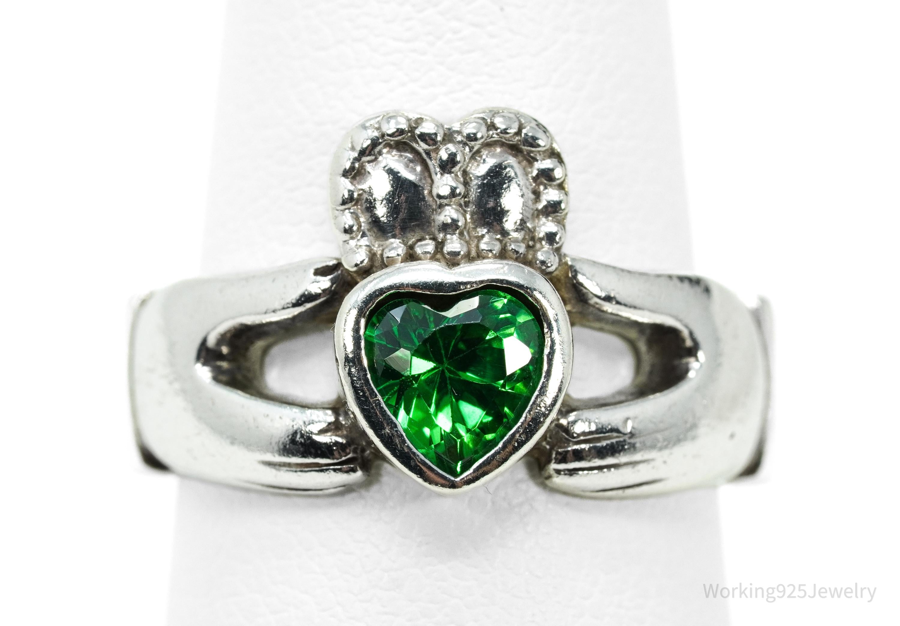 Vintage Green Tourmaline Heart Claddagh Sterling Silver Ring - Size 7.75