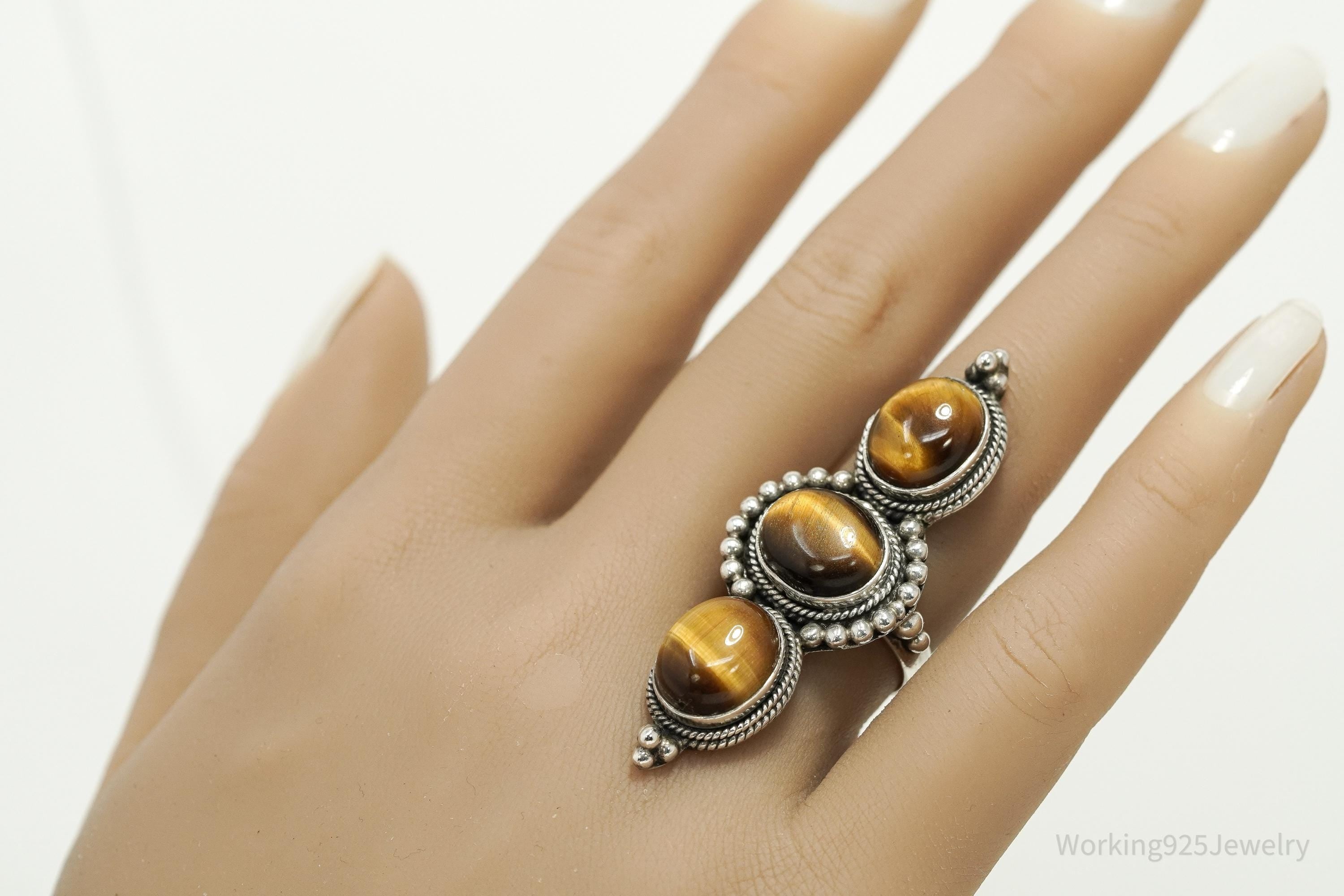 Vintage Boho Tiger’s Eye Sterling Silver Long Statement Ring – Size 7.25