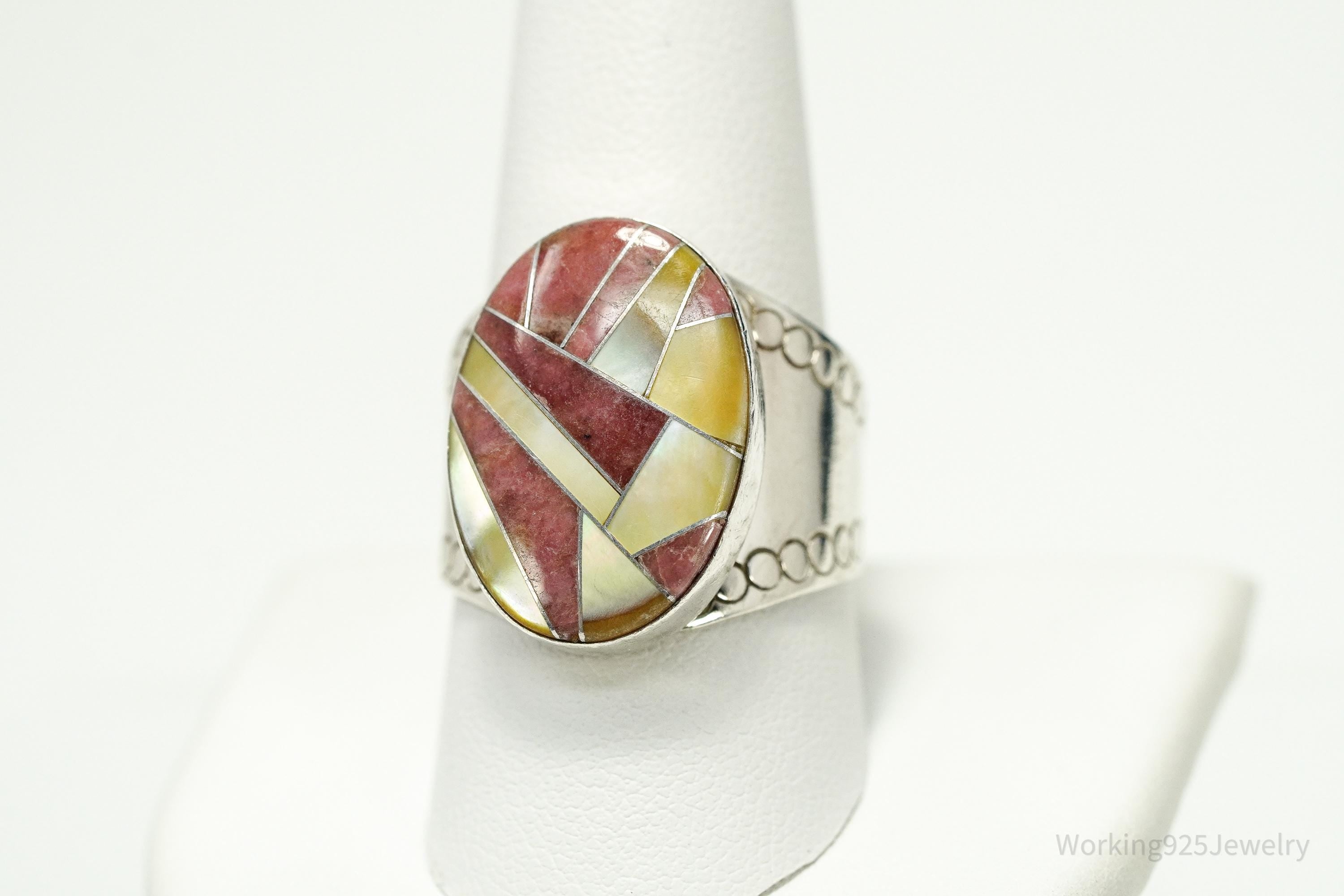 Vintage JAY KING Rhodonite & Mother Of Pearl Inlay Sterling Silver Ring - Size 10.25
