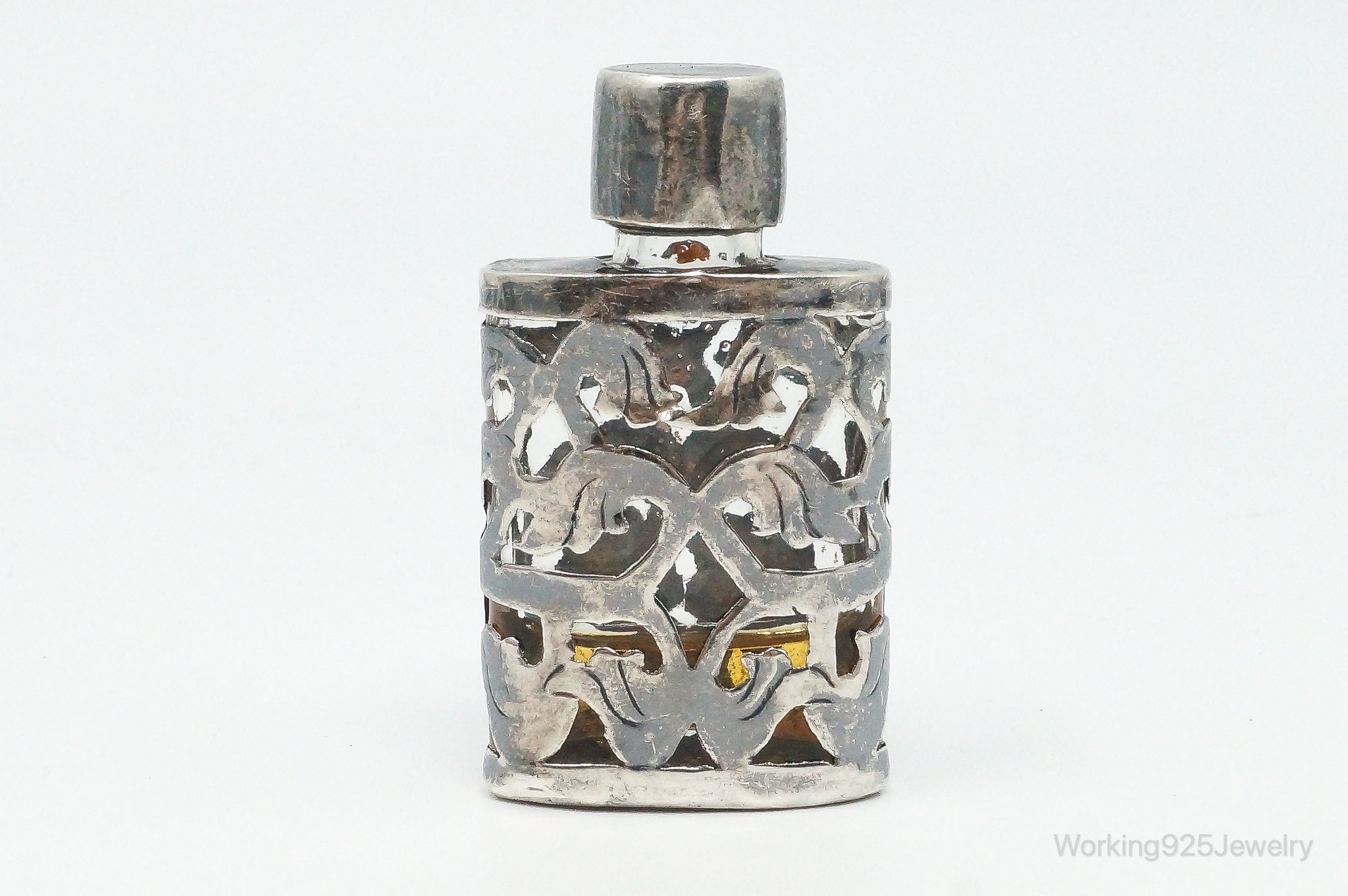 Vintage Mexico JJC Glass Perfume Sterling Silver Flask Bottle