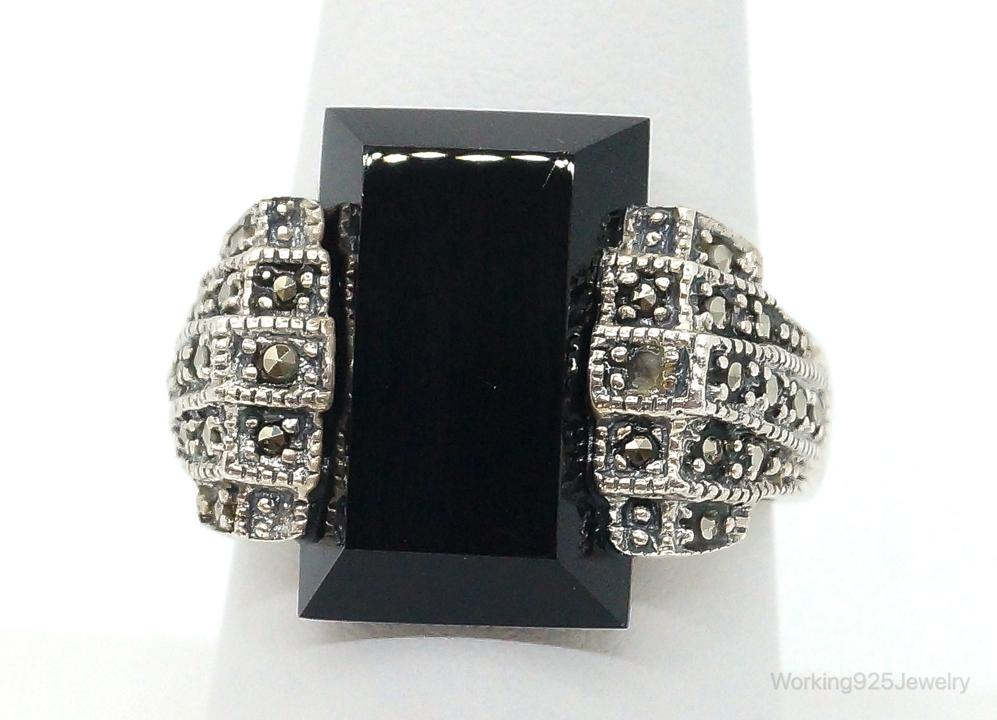 Vintage Marcasite Black Onyx Sterling Silver Ring - Size 8