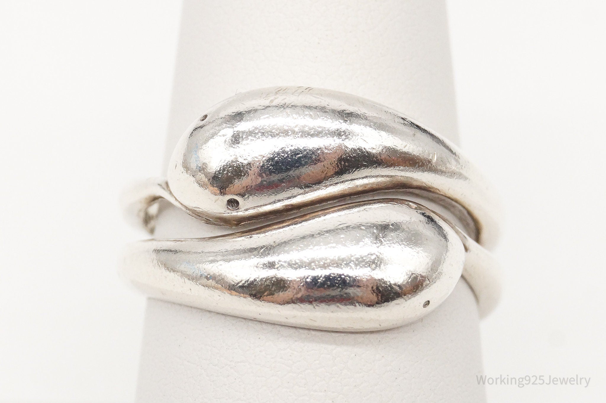 Vintage Modernist Snake Heads Sterling Silver Ring - Size 7.75