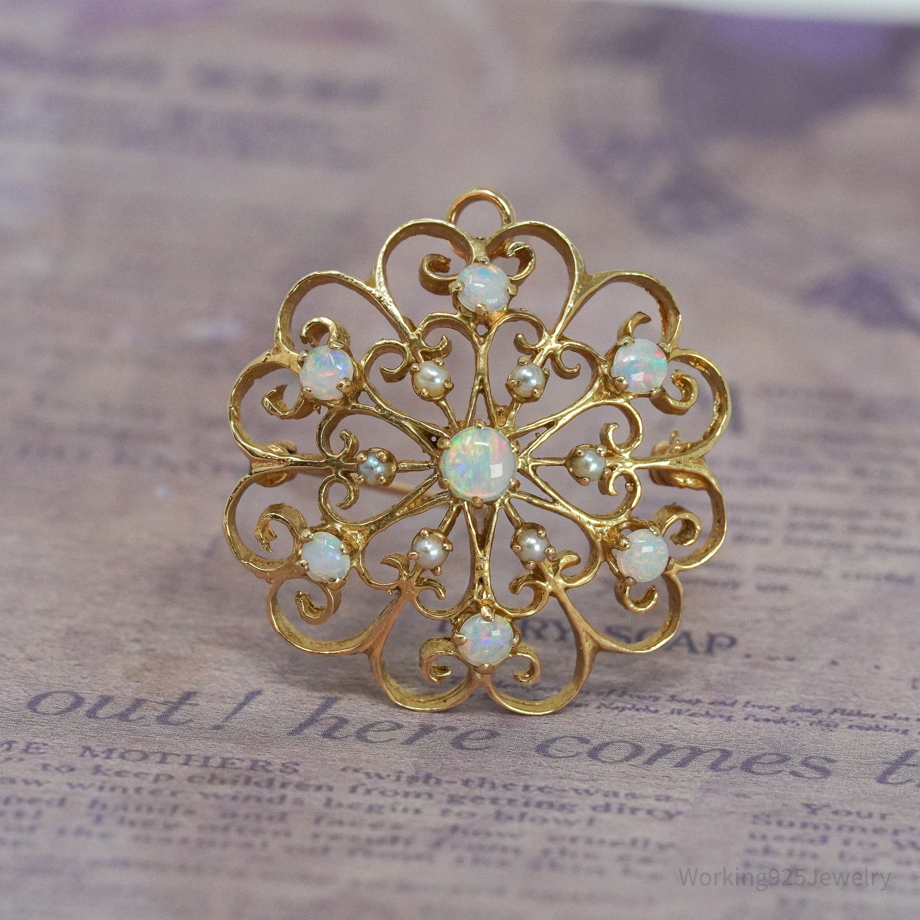 Antique 14K Yellow Gold Opal & Pearl Brooch Pin Pendant