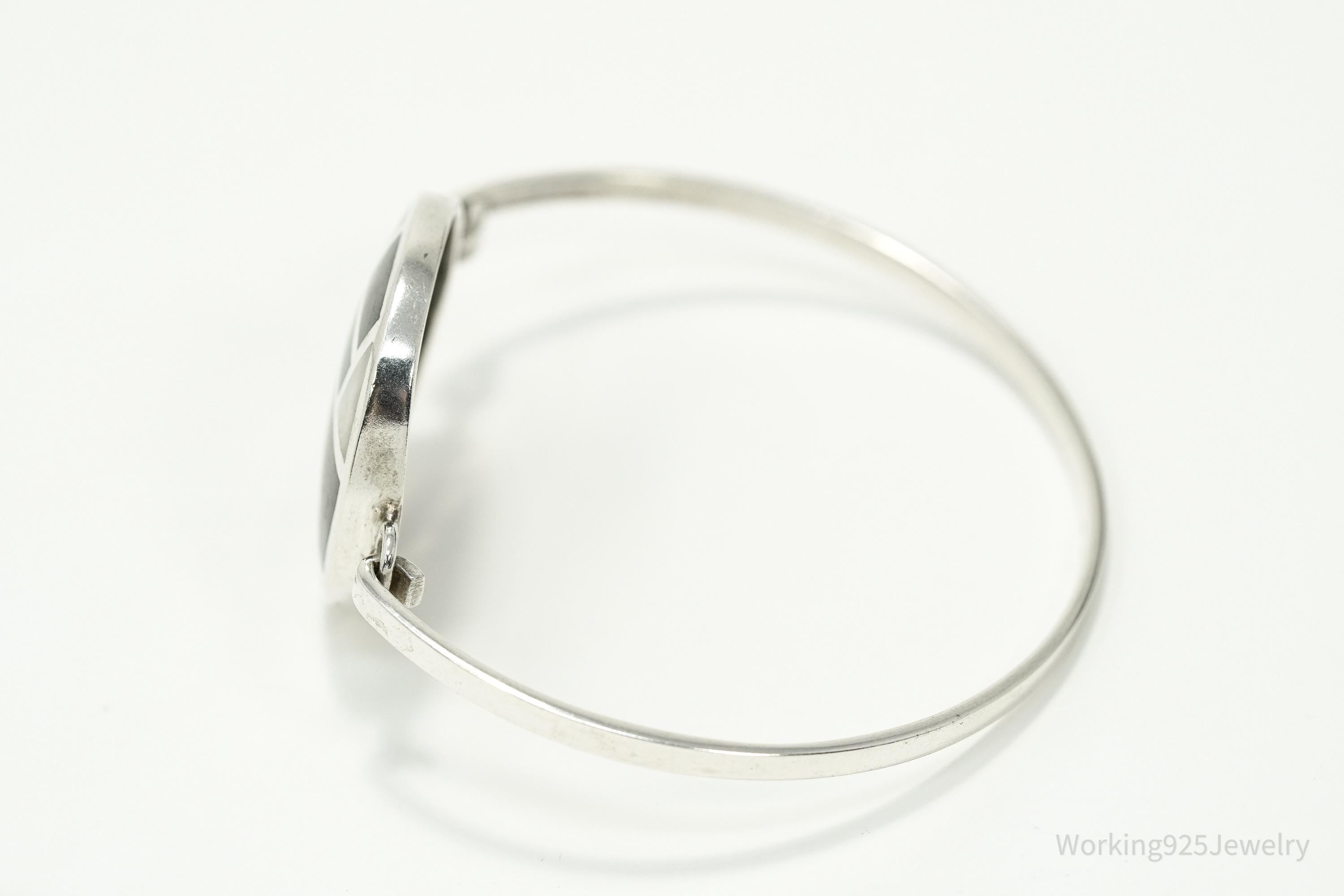 Vintage Black Onyx Mother Of Pearl Paua Shell Sterling Silver Bracelet 6.75"