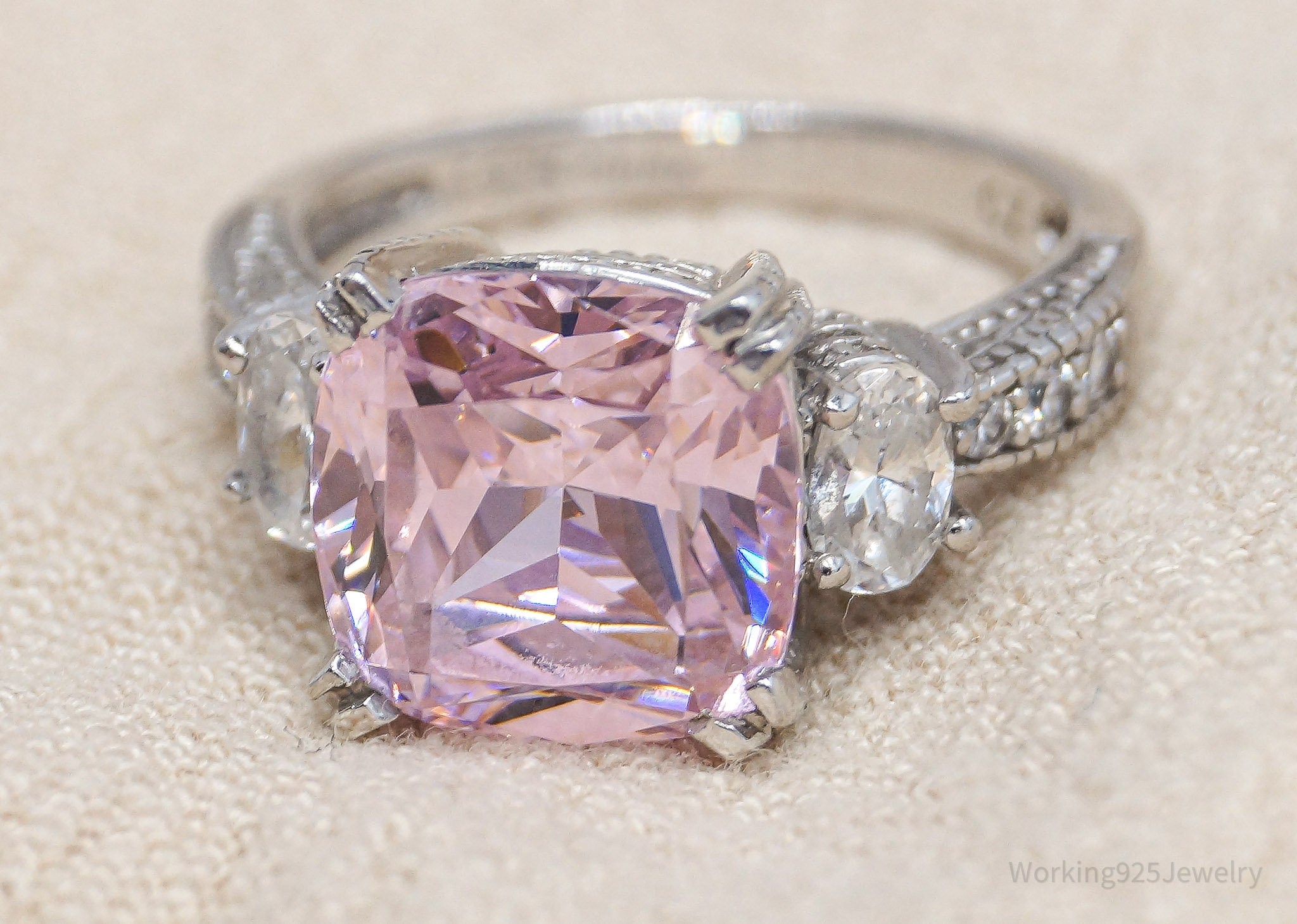 Vintage Large Pink & White Cubic Zirconia Sterling Silver Ring - Size 6