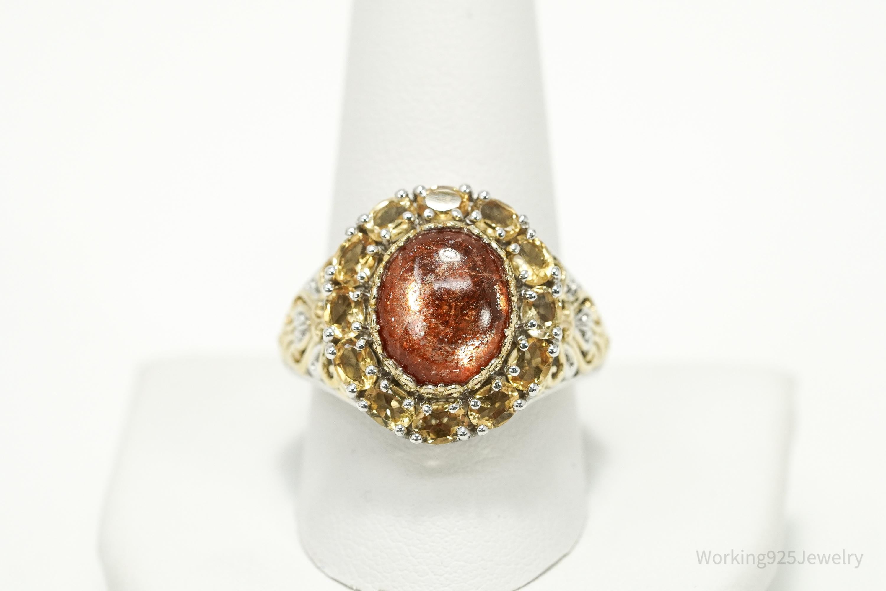 Vintage Goldstone & Citrine Gold Vermeil Sterling Silver Ring - Size 10.25