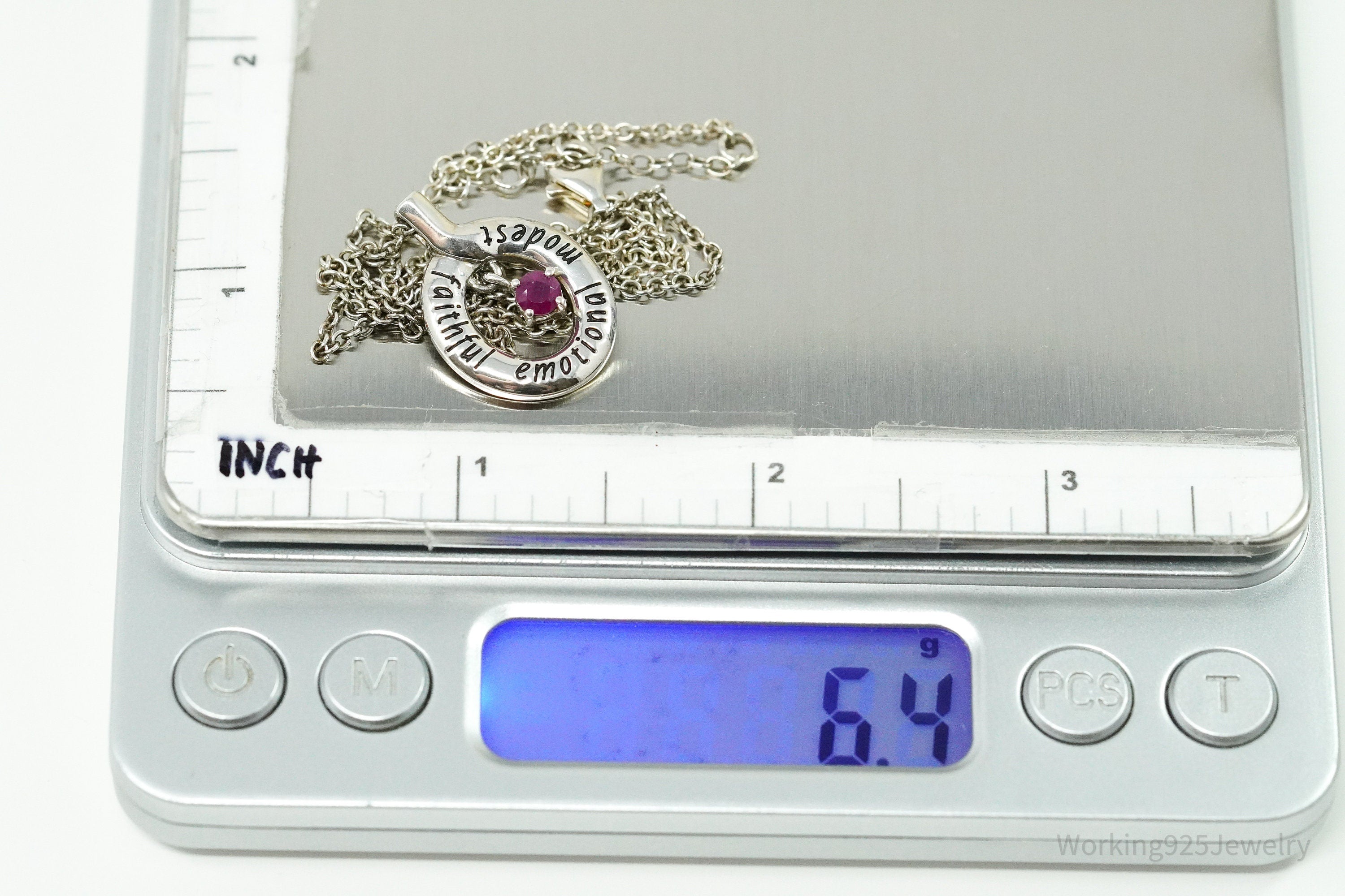 Vintage "Faithful Emotional Modest" Ruby Sterling Silver Necklace 18"