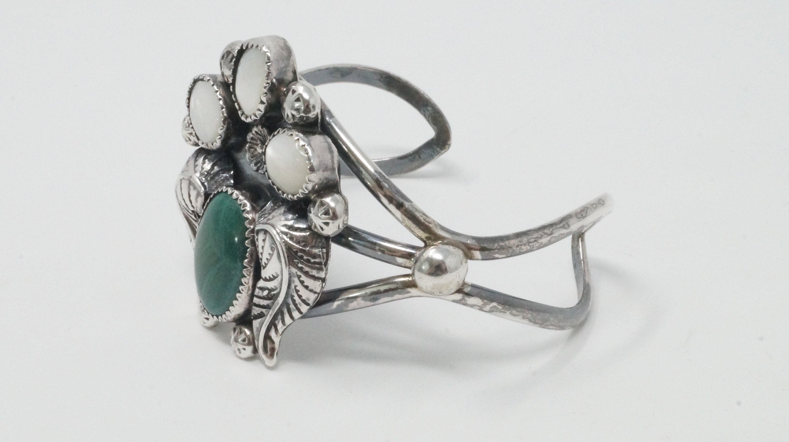 Vintage Malachite Mother of Pearl Sterling Silver Feather Design Cuff Bracelet