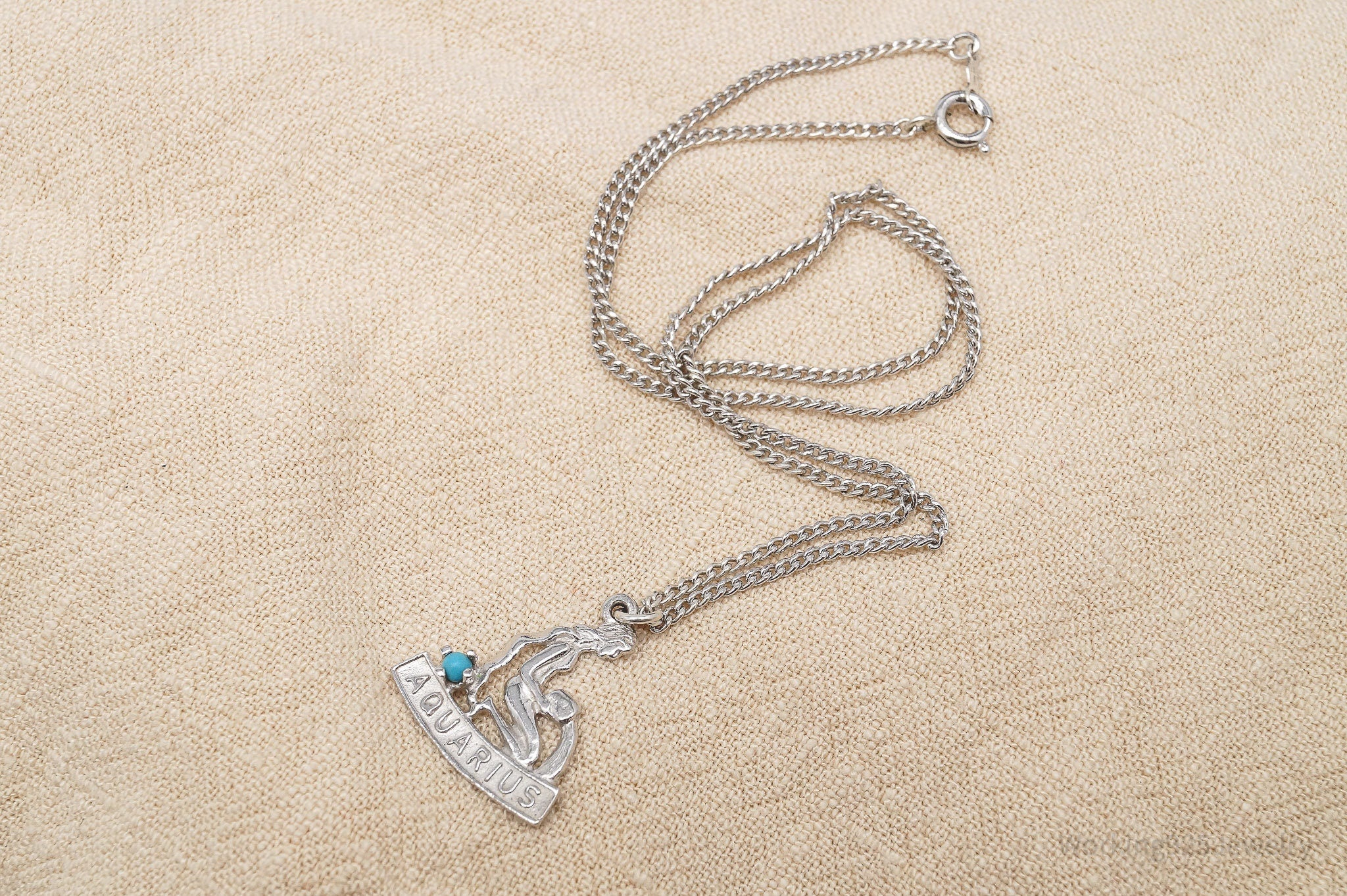 Vintage Aquarius Zodiac Sign Turquoise Sterling Silver Necklace 15"
