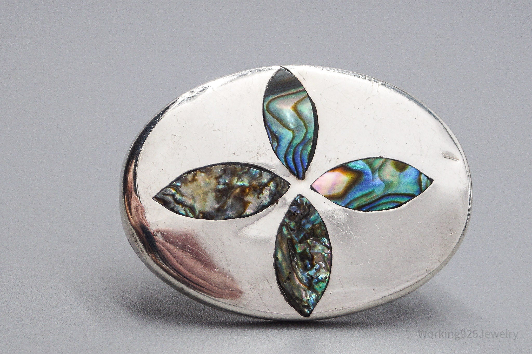 Large Vintage Mexican Paua Abalone Shell Sterling Silver Brooch Pin Pendant