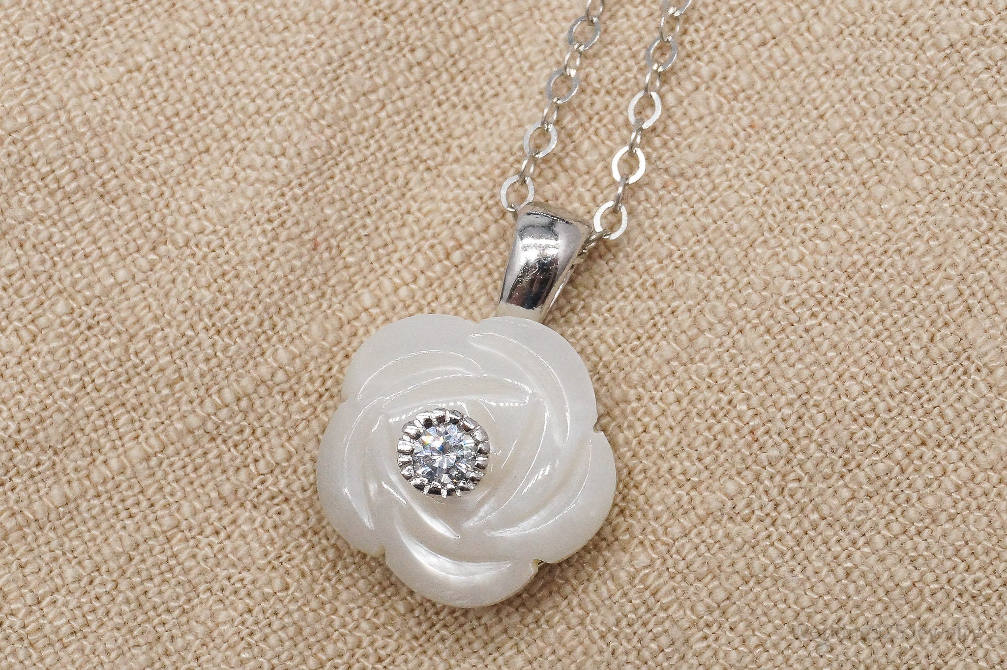 Vintage Cubic Zirconia & Mother Of Pearl Rose Sterling Silver Necklace 18"