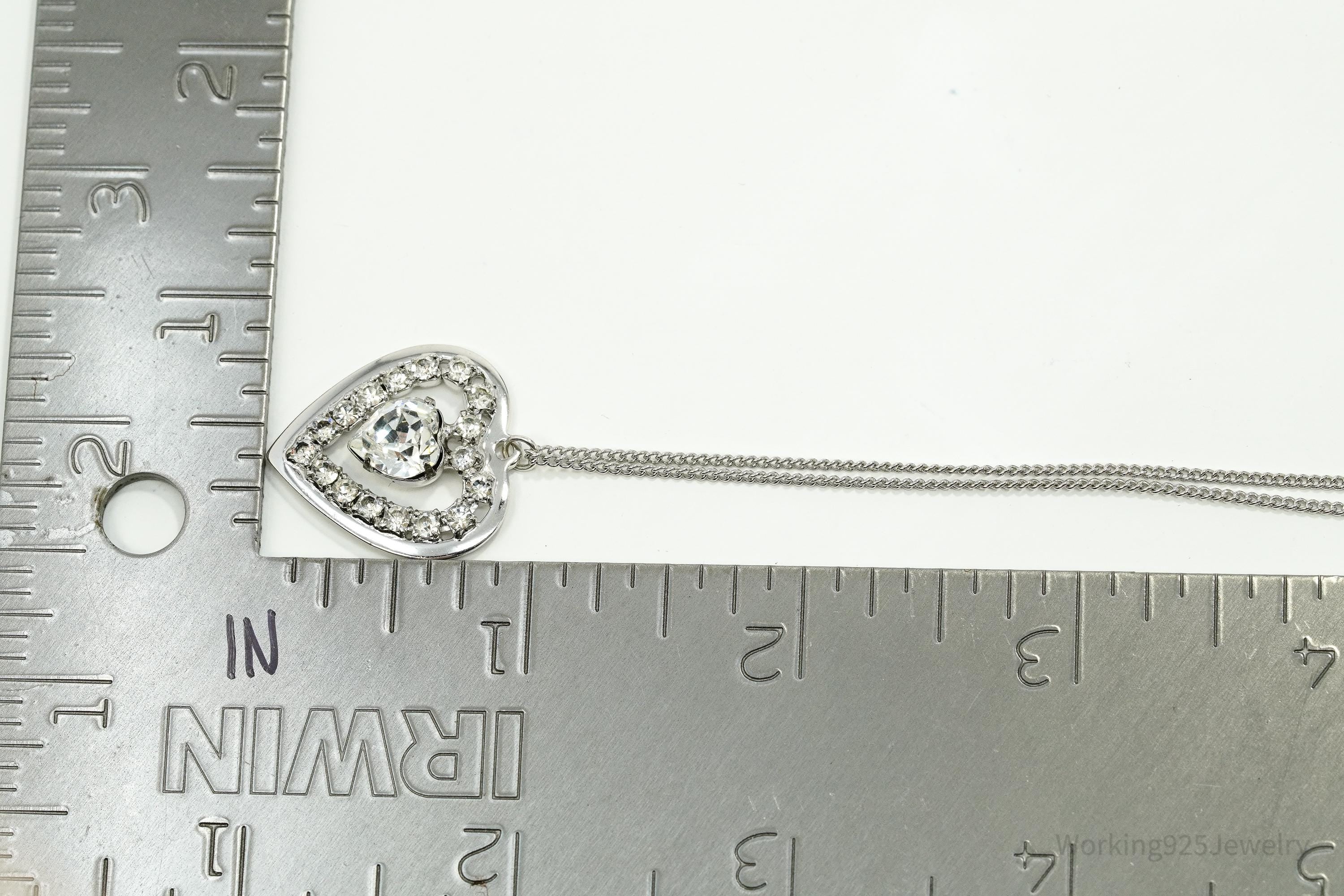 Vintage Faux Diamonds Sterling Silver Heart Chain Necklace 17"