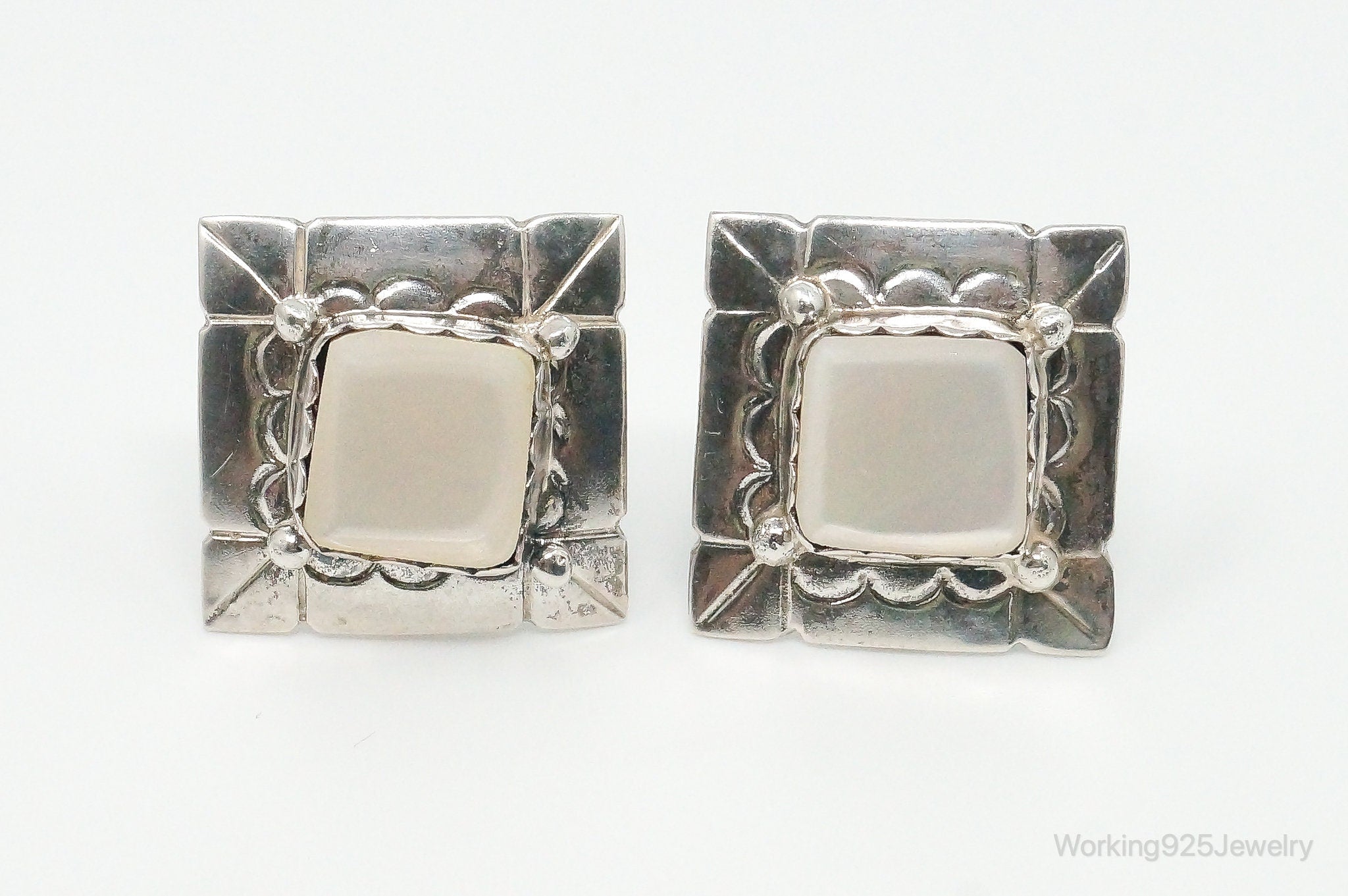 Vintage Native American VV Mother Of Pearl Sterling Silver Earrings