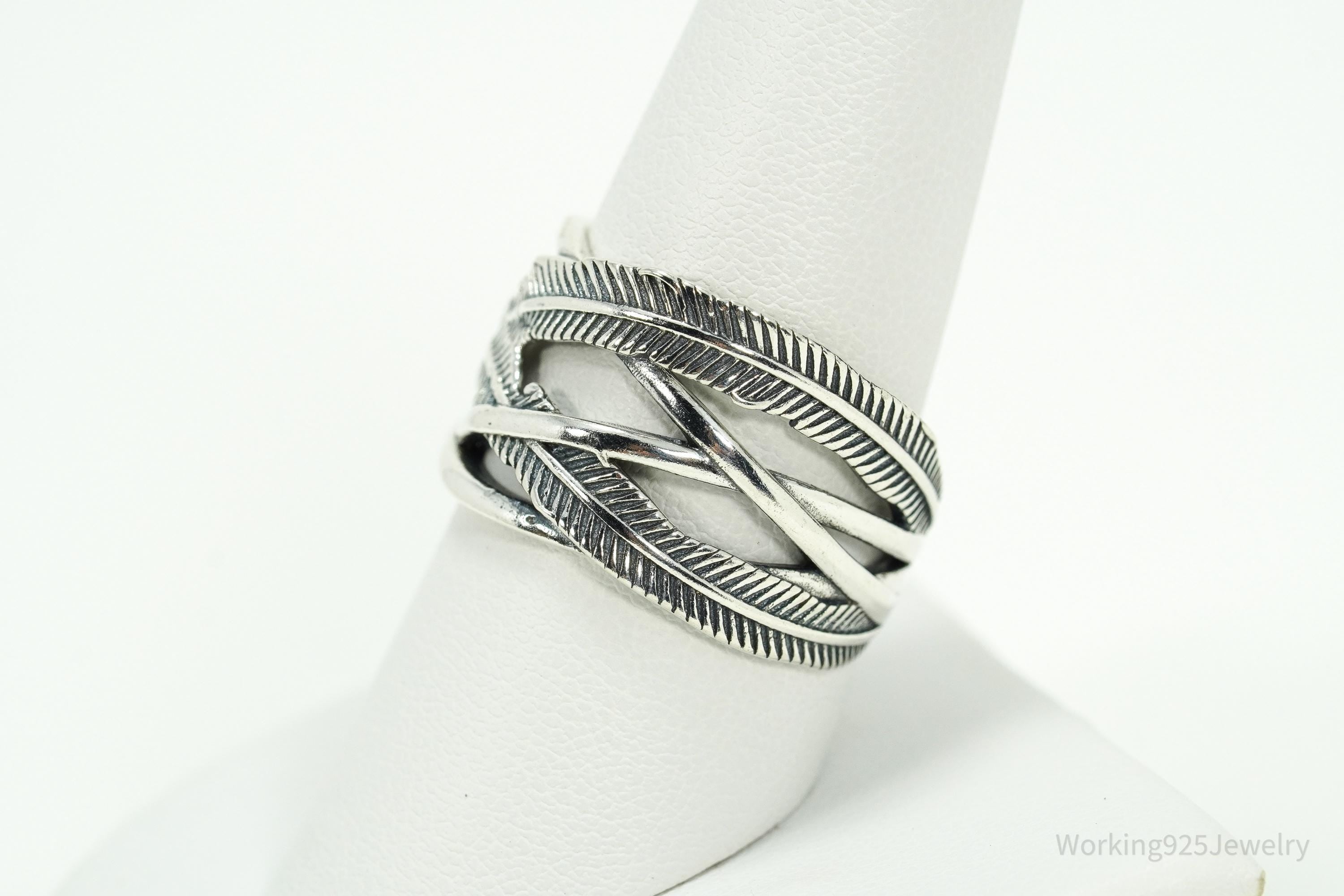 Vintage Feather Wrap Southwestern Sterling Silver Ring - Size 9.25 Adjustable