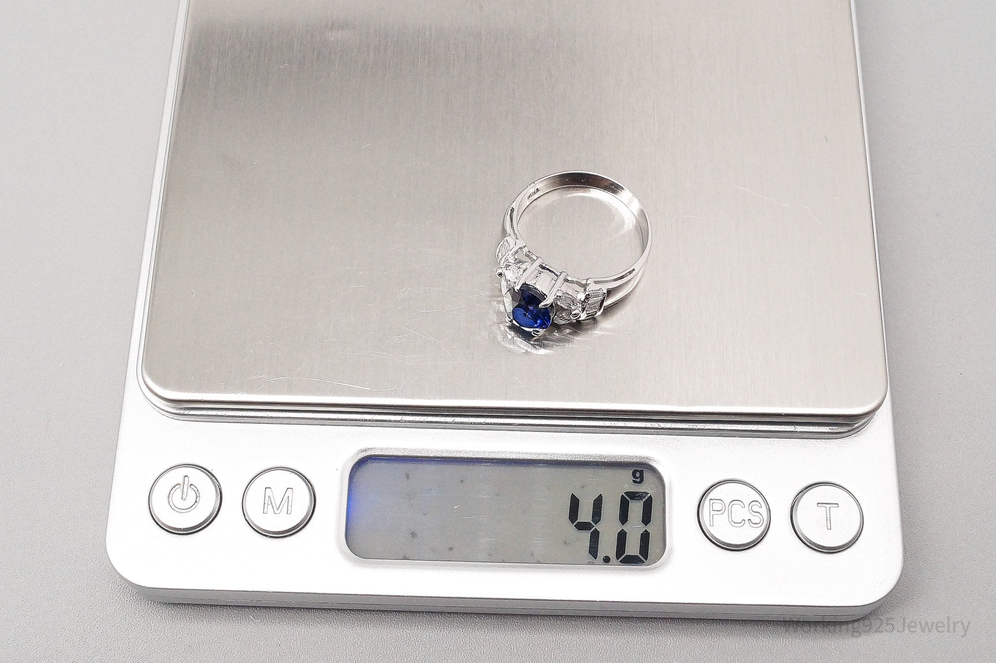 Vintage Lab Sapphire Cubic Zirconia 18Kt White Gold Ring Size 7.25