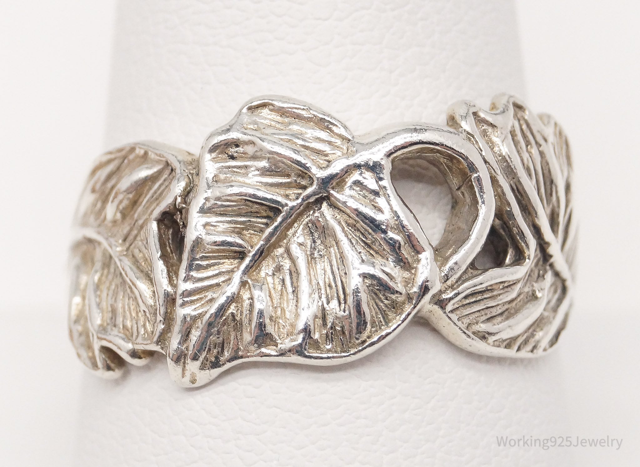 Vintage Sterling Silver Leaf Band Ring - Size 9.5