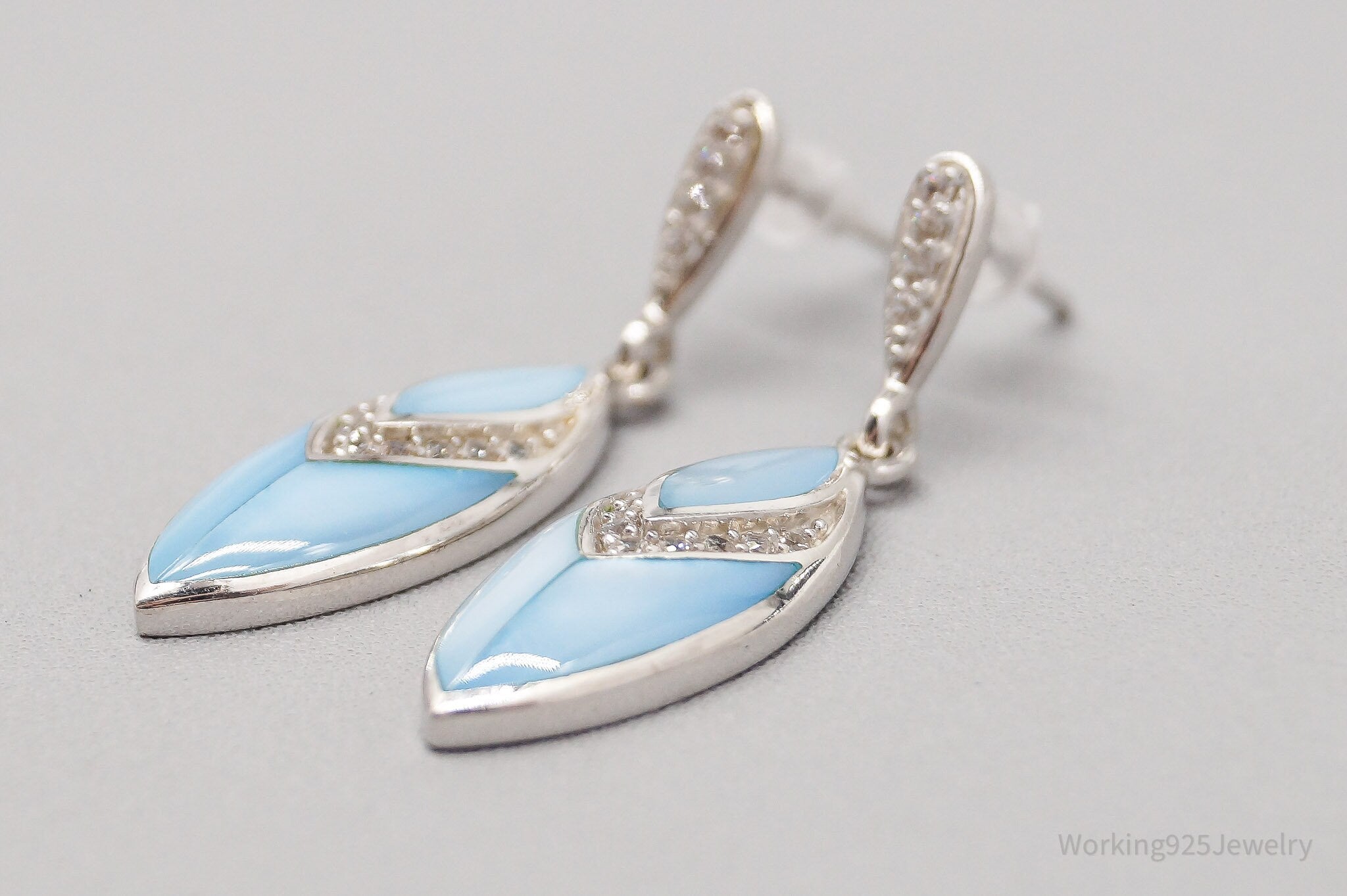 JTV Blue Mother Of Pearl & White Zircon Rhodium Over Sterling Silver Earrings