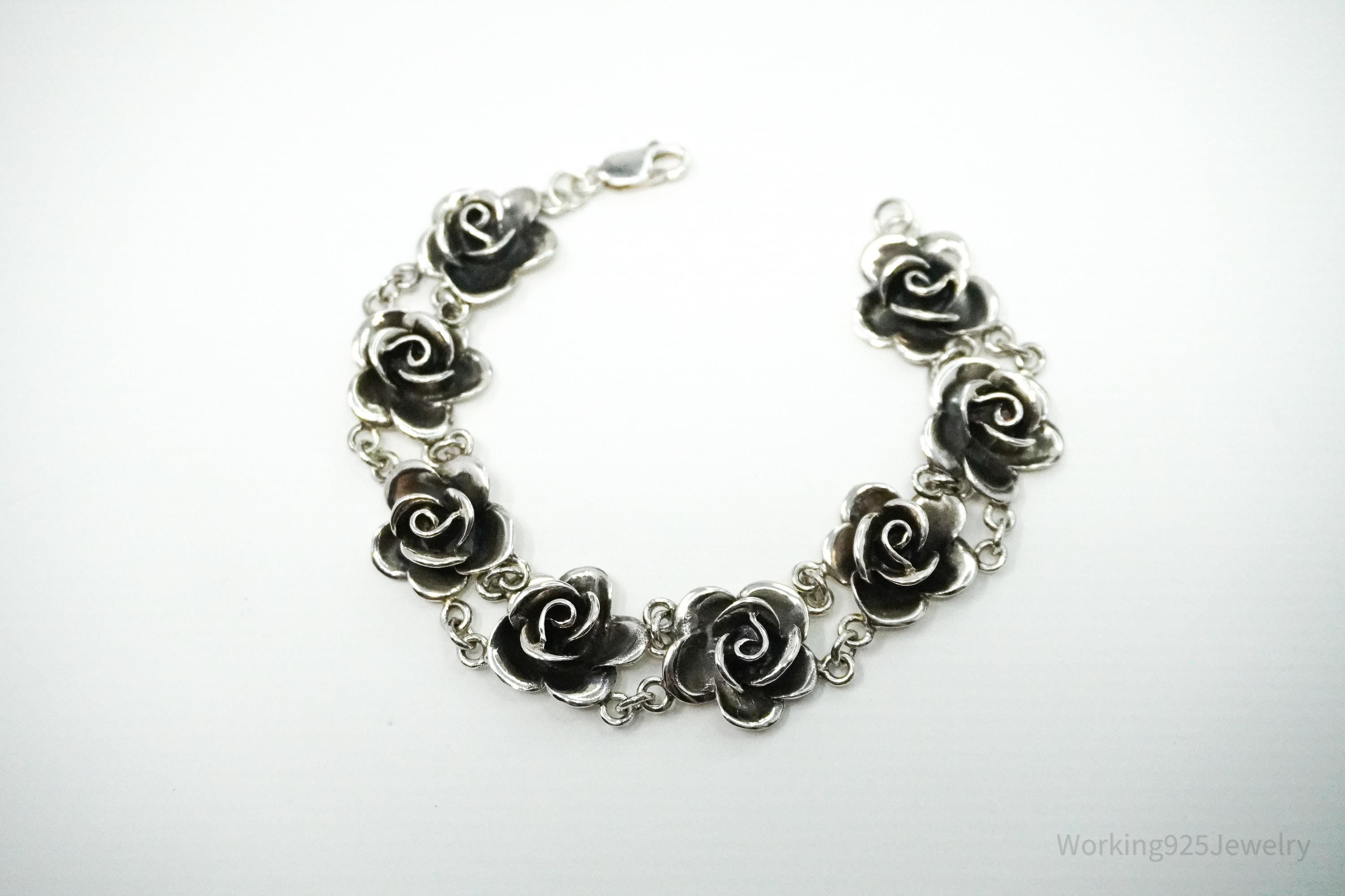 Vintage Roses Sterling Silver Bracelet 7.75"
