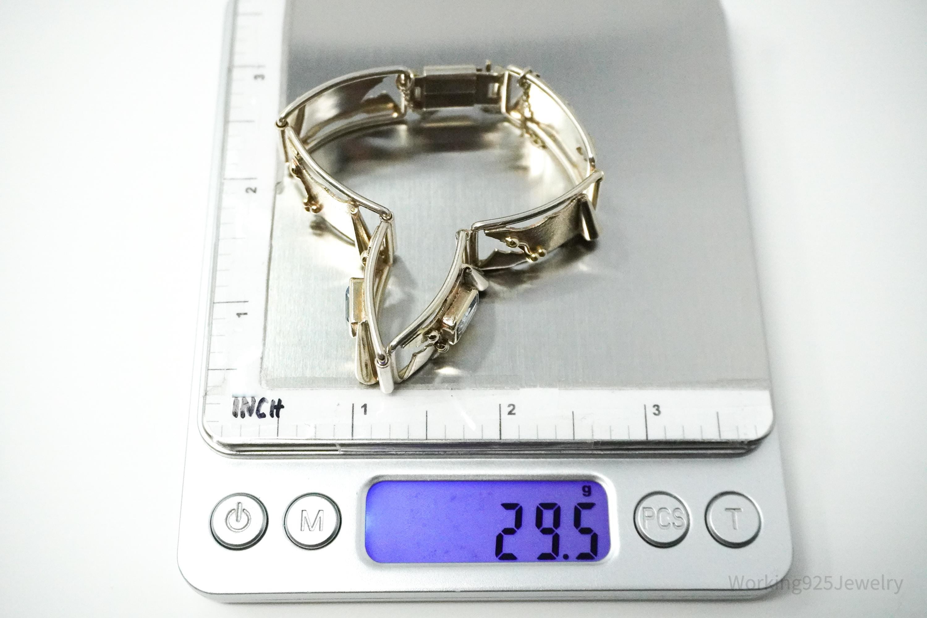 Vintage Blue Topaz Modernist Style Sterling Silver Bracelet - 6.75"